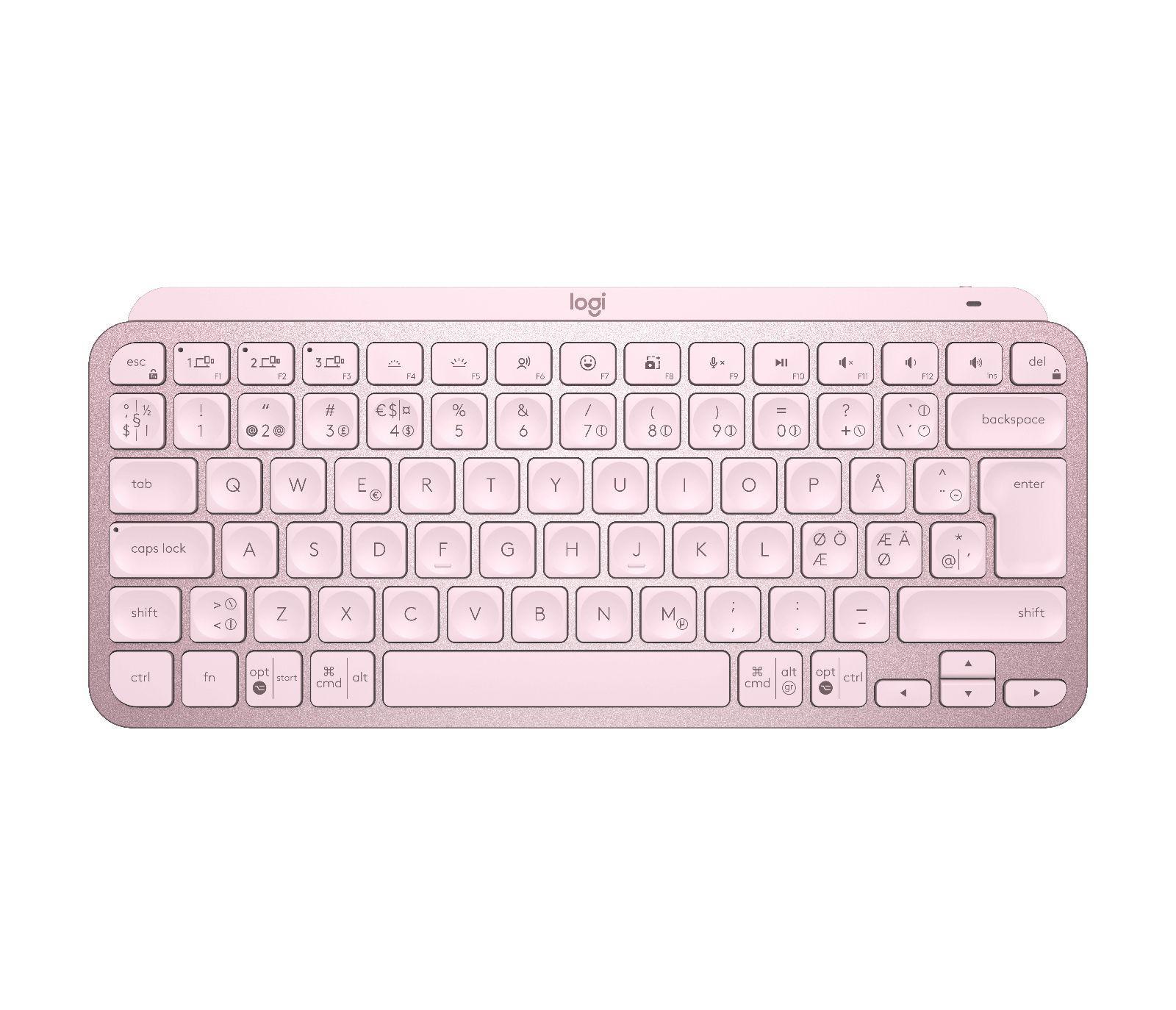 Teclado LOGITECH MX Keys Mini (Nórdico - Teclas tesoura - RF Wireless + Bluetooth - Rosa)