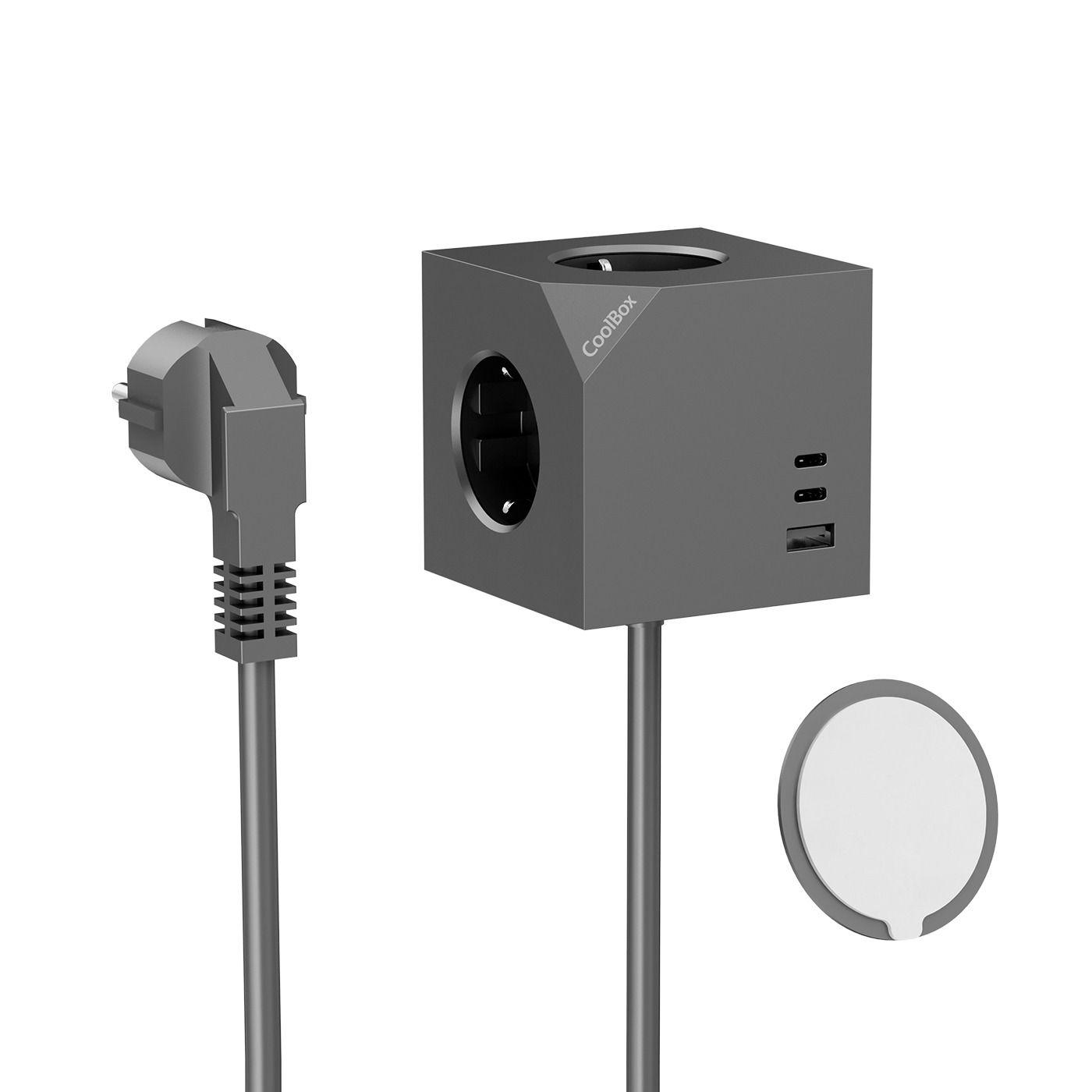 Base de Tomadas COOLBOX CUBIK MAGNET (2 USB-C e 1 USB-A - Integrado - Cinzento)