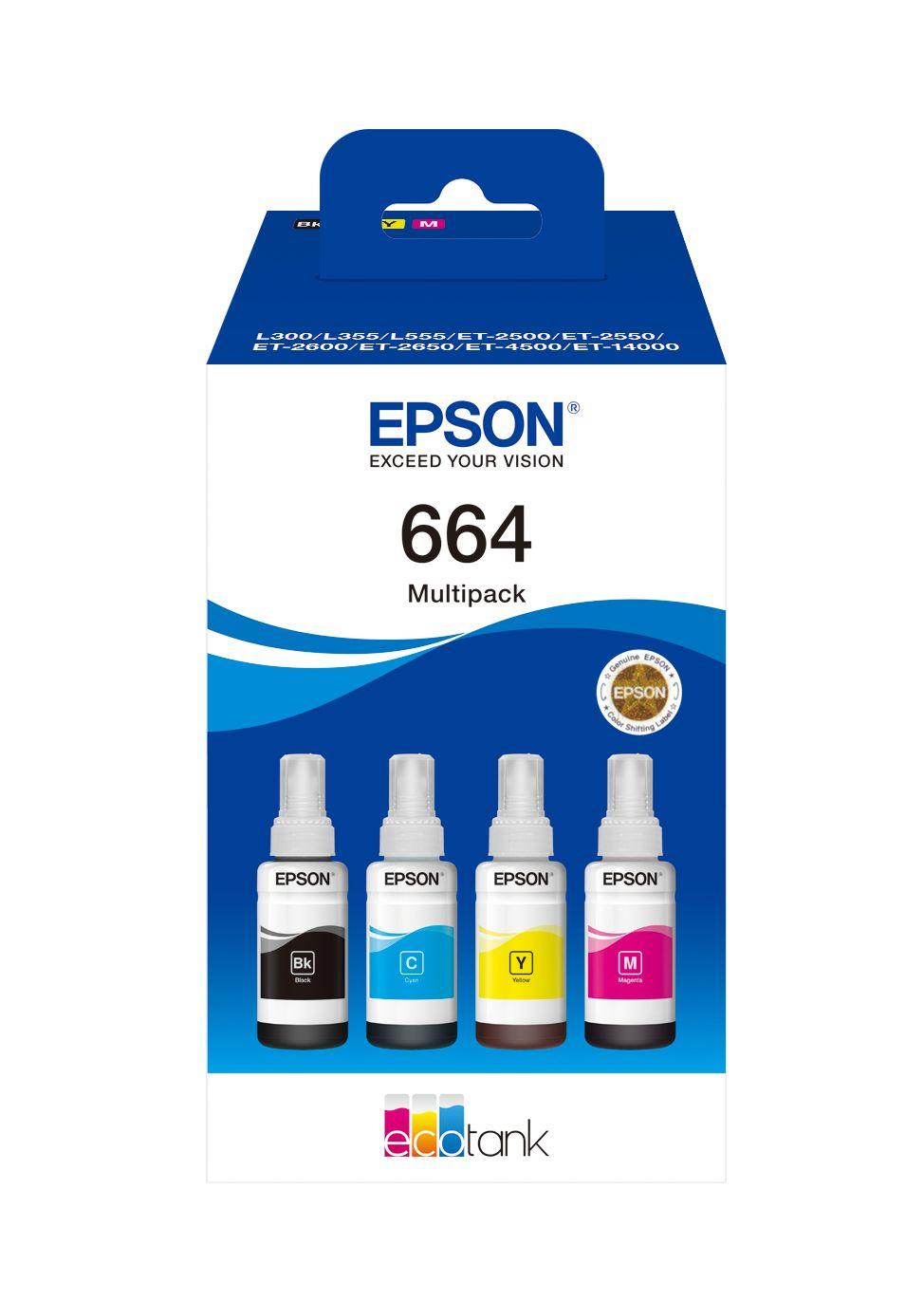 Pack de 4 Frascos de Tinta EPSON 664 (EcoTank L555, L355, ET-4500, ET-2650, ET-2600, ET-2550, ET-2500 e ET-14000 - Preto, Ciano, Magenta e Amarelo)
