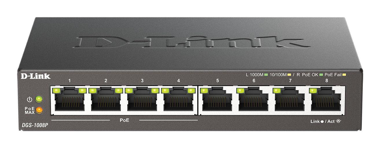 Switch D-LINK DGS-1008P/E (Gigabit Ethernet - 0,256 MB - 16 Gbit/s - Preto)