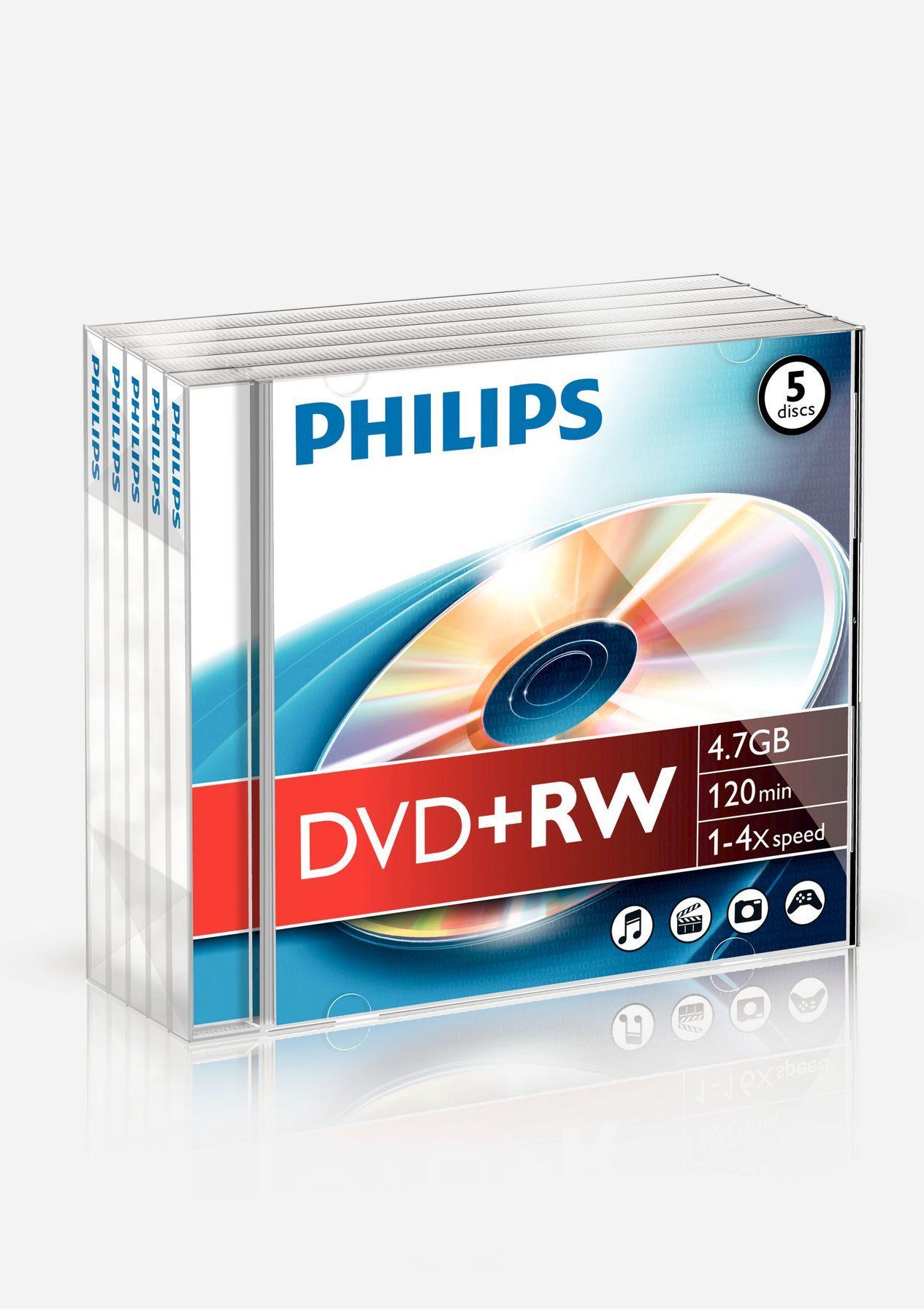 Disco DVD+RW PHILIPS DW4S4J05F/10 (5 unidades - 4,7 GB - 4x - 120 min)