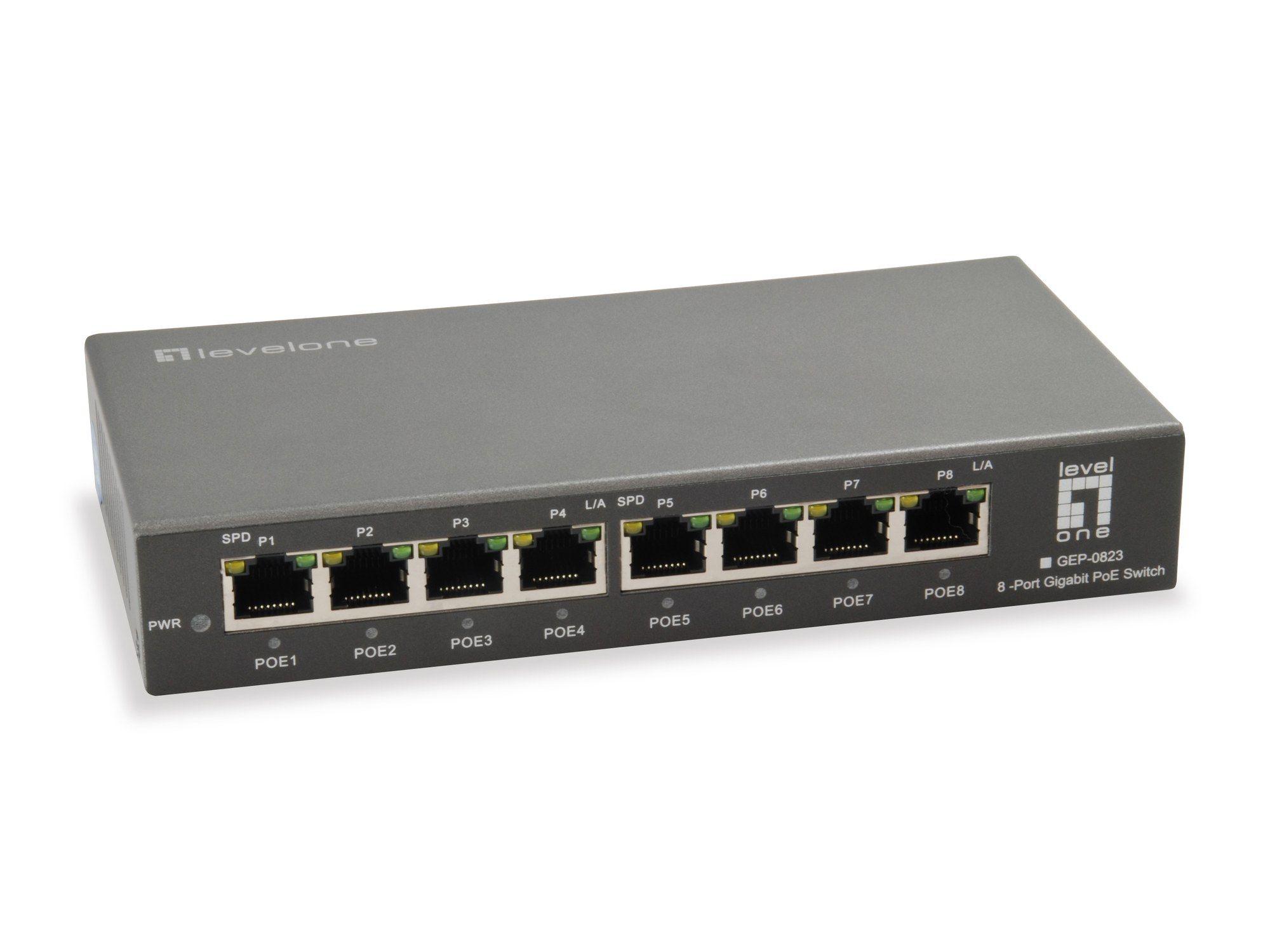 Switch de Rede PoE LEVELONE GEP-0823 (8 RJ-45 - Gigabit Ethernet - 8 KB - Preto)