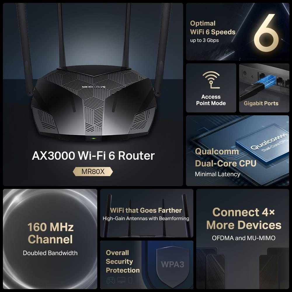Router MERCUSYS MR80X (Wi-Fi 6 - 3000 Mbit/s - Banda dupla - Preto) — miniatura 4