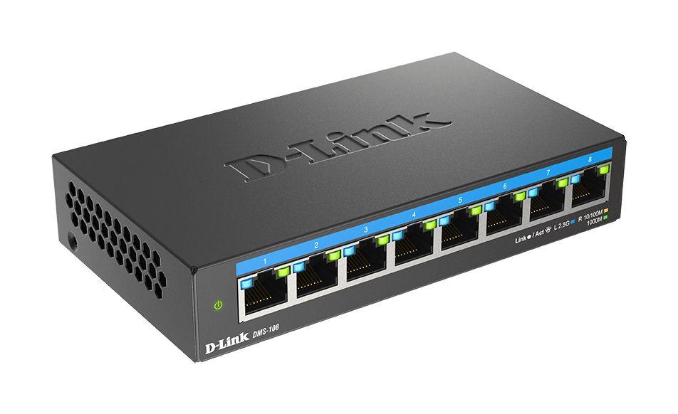 Switch D-LINK DMS-108 (2.5G Ethernet - 8x 10/100/1000/2500 Mbps - 8,1 MB - Preto)