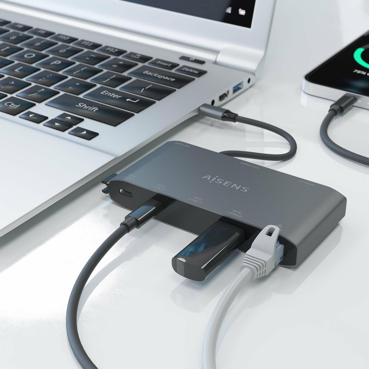 Hub USB-C AISENS ASUC-8P010-GR (0,2 m - Cinzento), miniatura 5