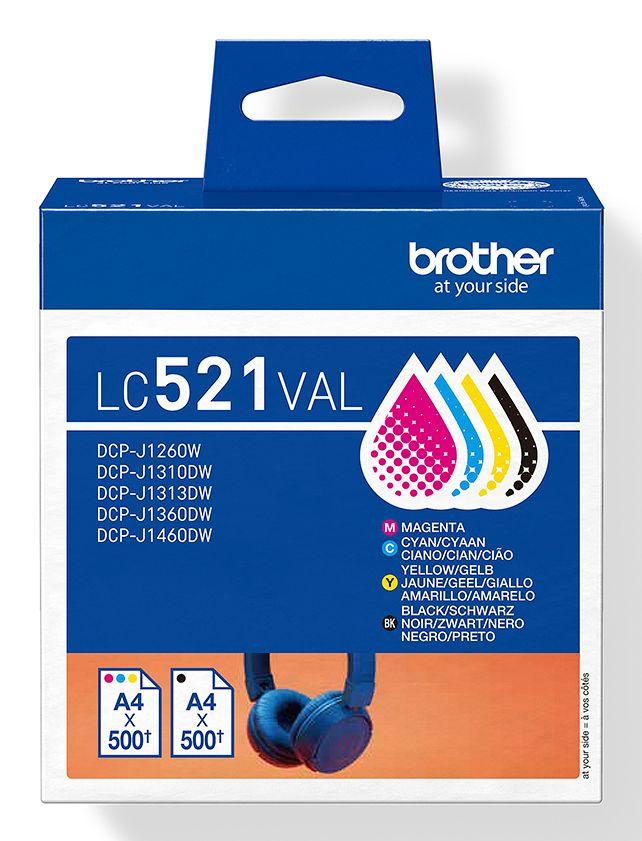 Multipack de Tinteiros BROTHER LC521VAL (500 páginas - Preto, Ciano, Magenta e Amarelo)