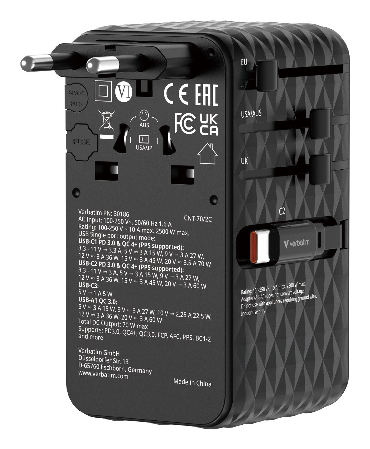 Carregador de Viagem VERBATIM Charge'n'Travel Adapter 70W 2C retractable (USB-C - Universal - AC - Preto)