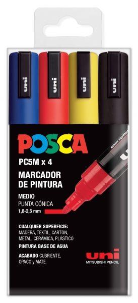 Marcadores de Pintura POSCA PC-5M (Pack de 4 - Ponta Cónica 1,8-2,5 mm - Azul, Vermelho, Amarelo e Preto)