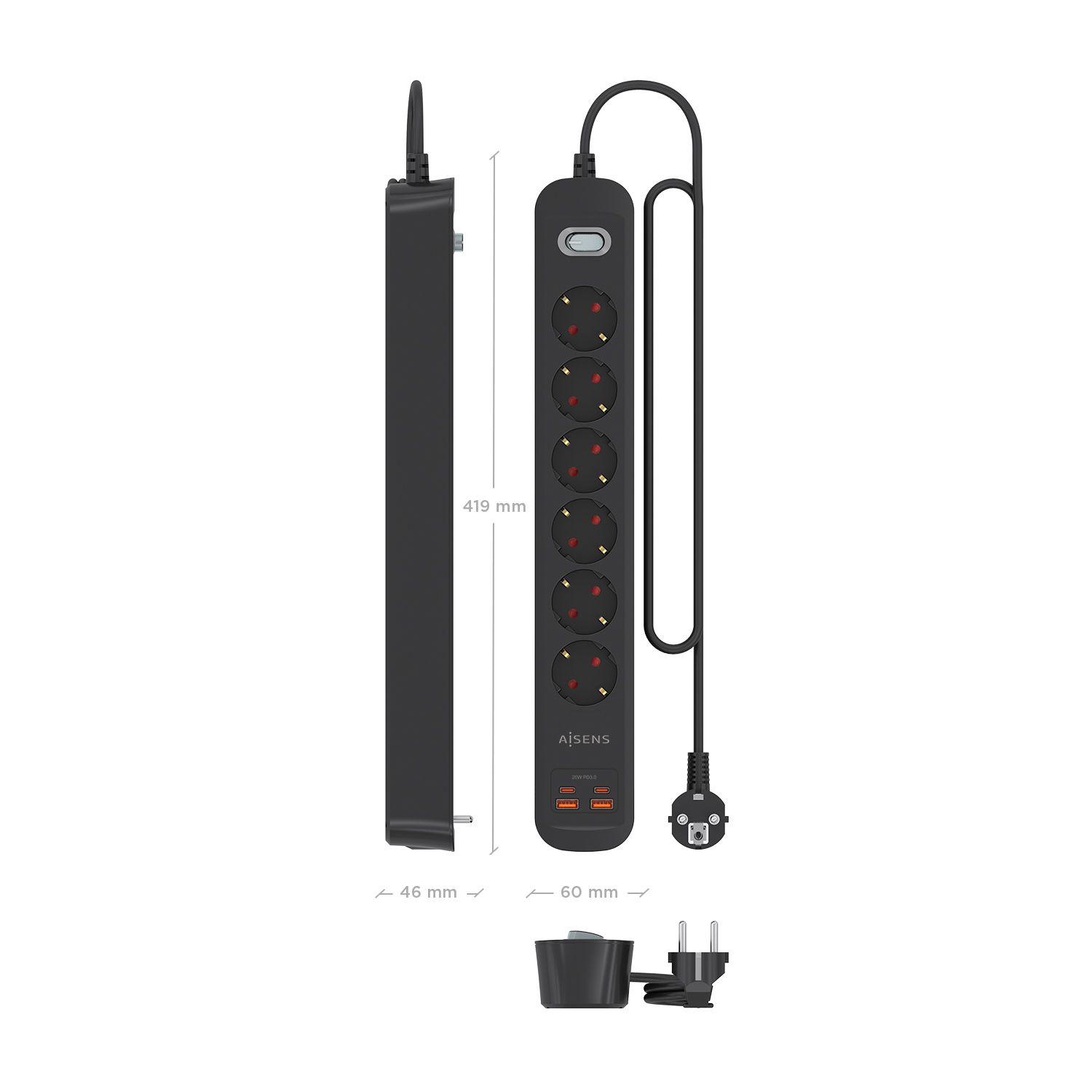 Bloco de Tomadas AISENS ASPS-2A2C17-BK (1,4 m - Tipo F - Preto), miniatura 4