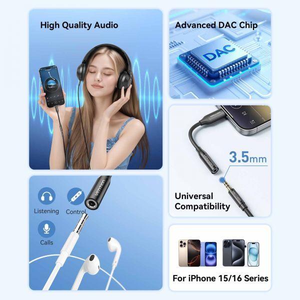 Adaptador de Áudio VENTION BIIBA (10 cm - USB-C macho - Jack de 3,5 mm fêmea - Preto), miniatura 3