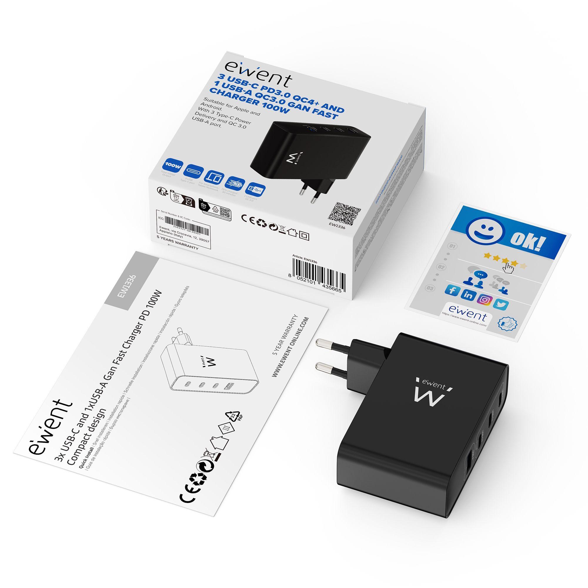 Carregador de Parede EWENT EW1336 (100 W - Preto), miniatura 2