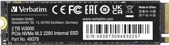 SSD VERBATIM 49376 / Vi3000 (2 TB - M.2 - PCIe 3.0 NVMe - Preto)