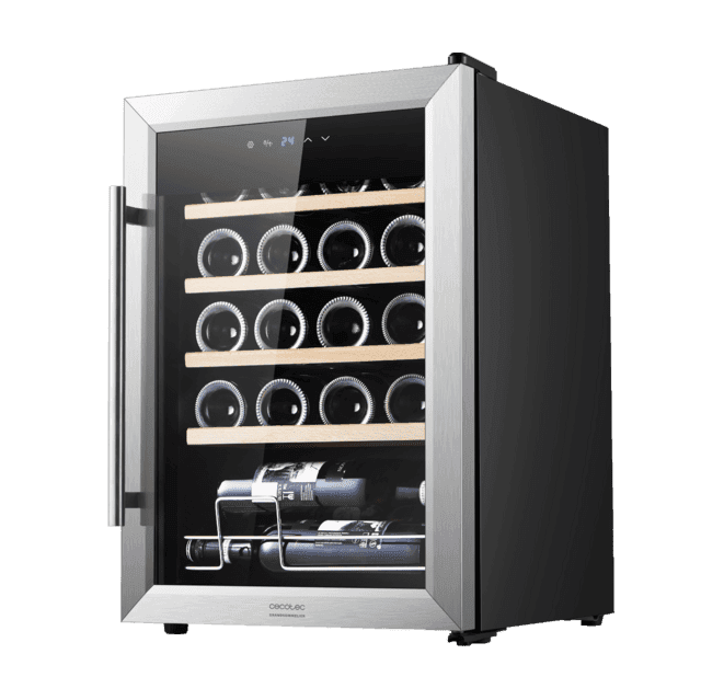 Cave de Vinhos Independente CECOTEC GrandSommelier 2050 Inox 20B (20 garrafas - 53 l - Altura 64,8 cm - Inox e Preto)