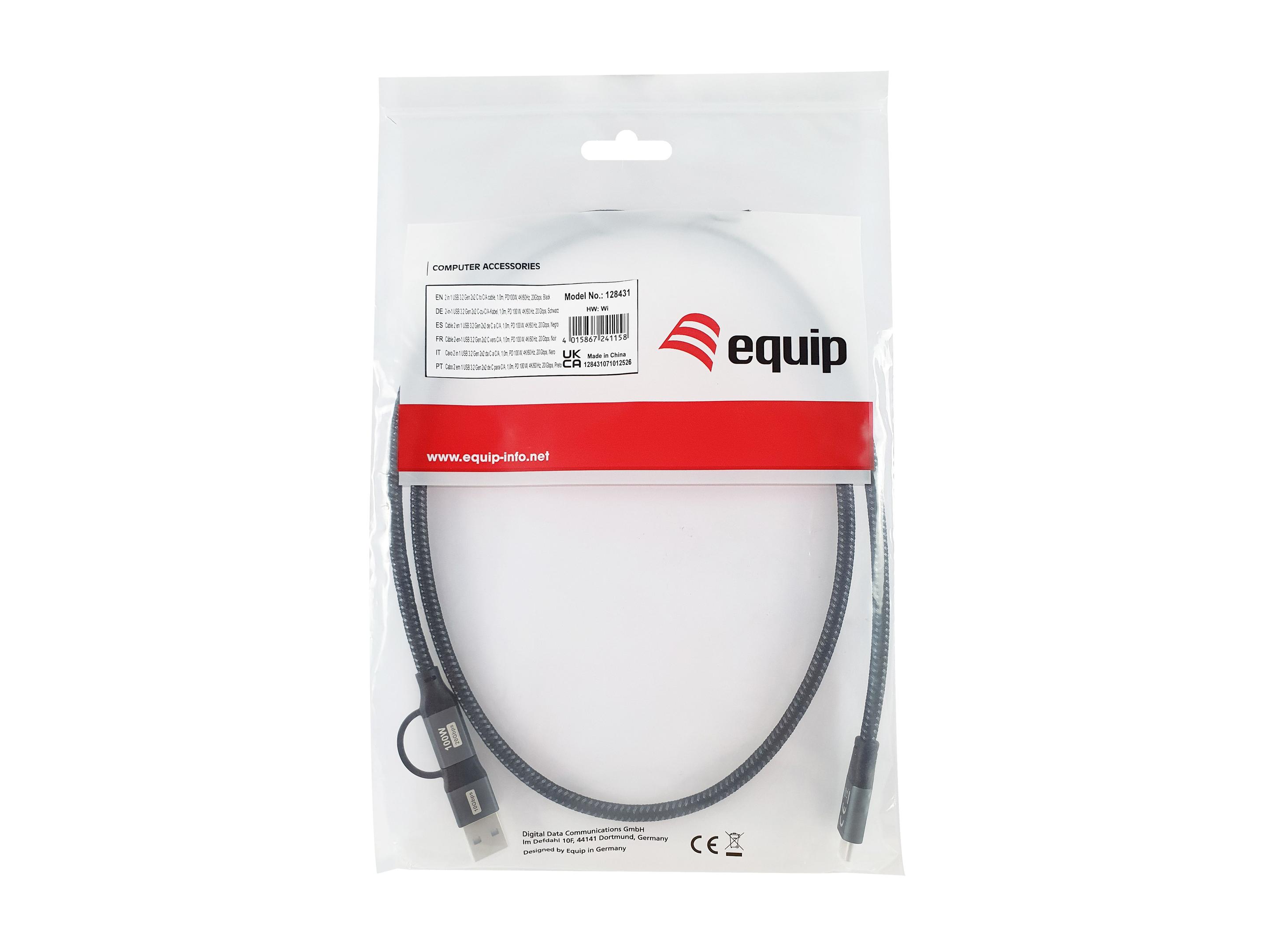 Cabo USB EQUIP 128431 (1 m - USB C - USB A/USB C - Preto) — miniatura 2
