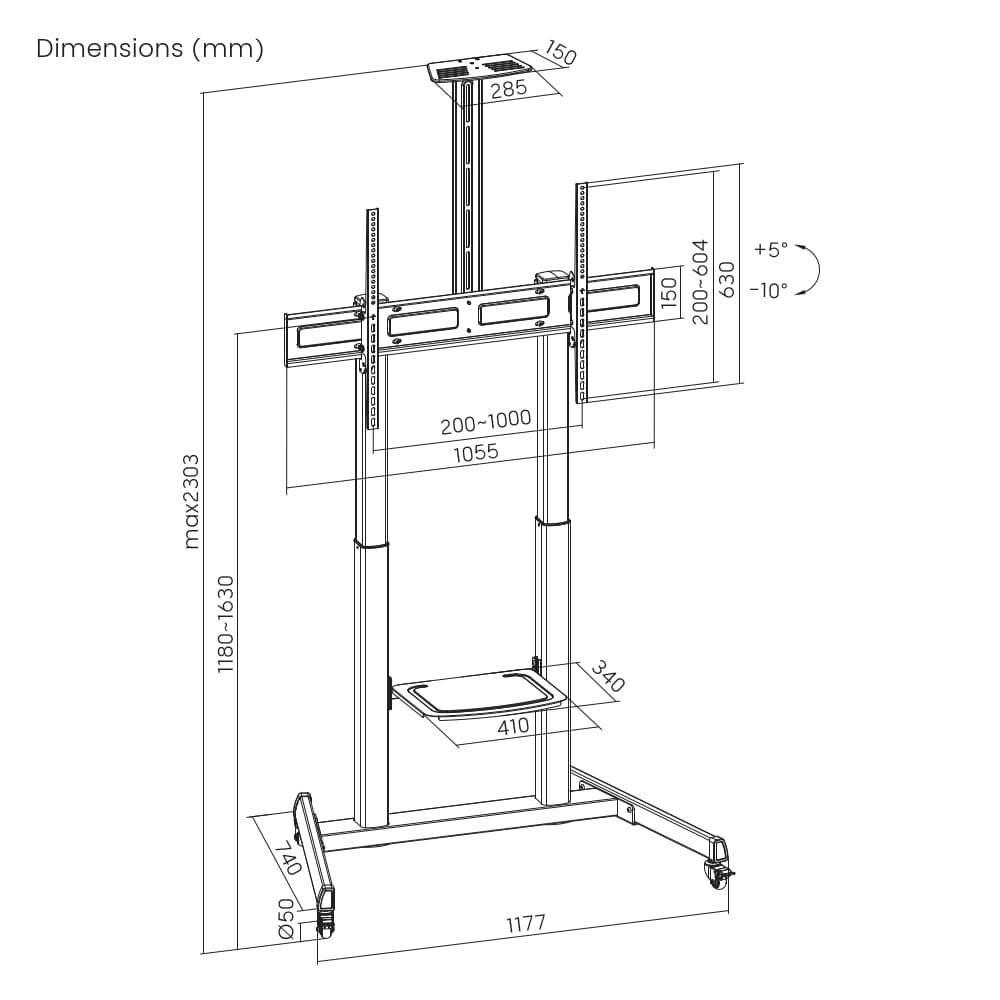 Suporte de Chão para TV GEMBIRD TVS-100T-03 (Até 1000 x 600 mm - 60" a 100" - 120 kg - Preto), miniatura 4