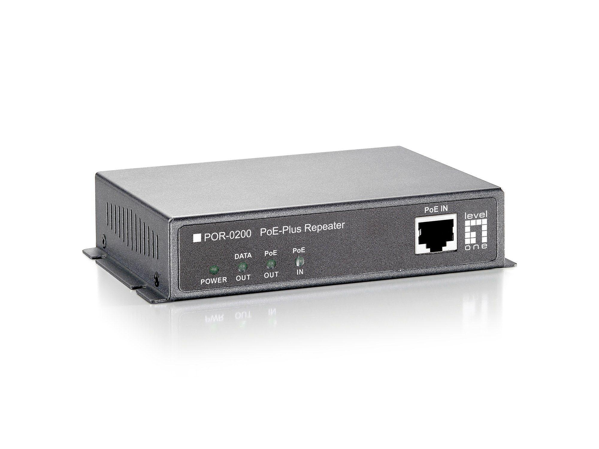 Repetidor PoE+ LEVELONE POR-0200 (RJ-45 - Parede - Preto)