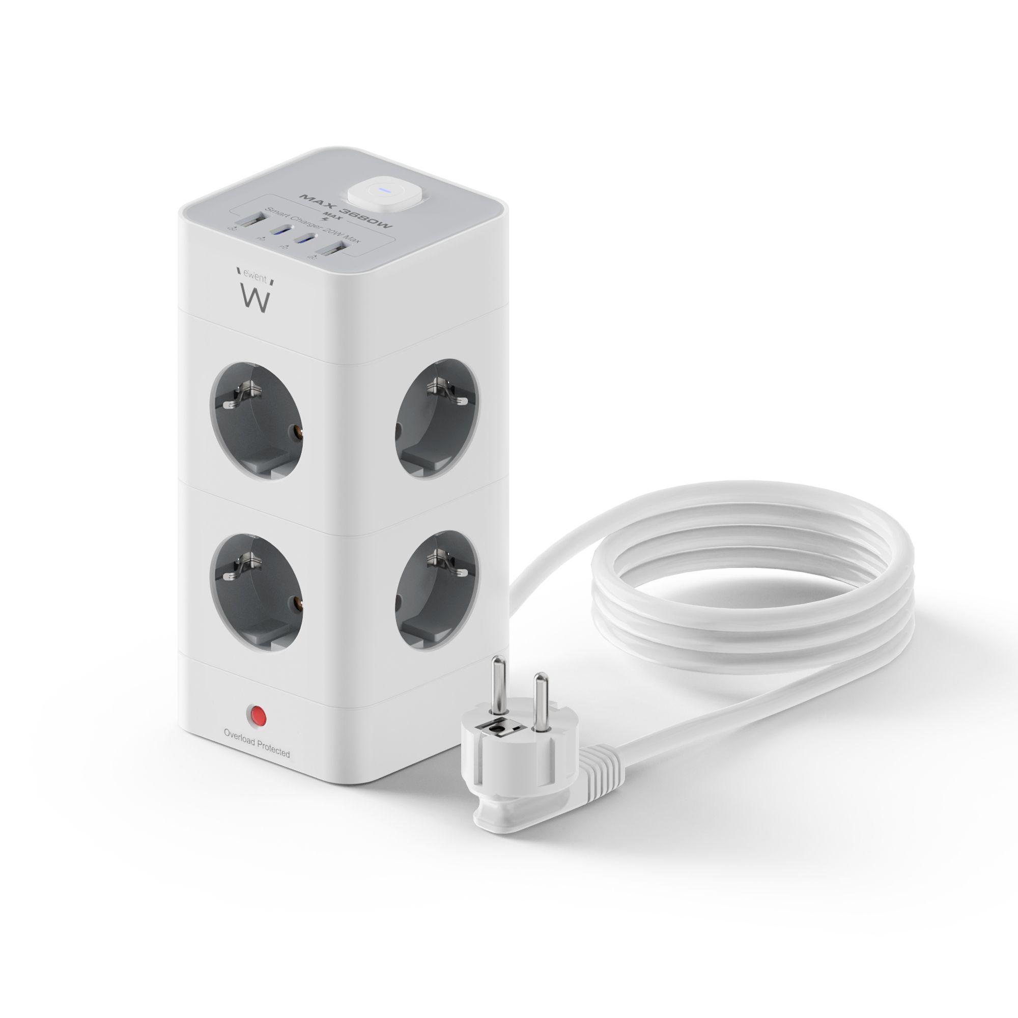 Bloco de Tomadas de Torre EWENT EW3864 (2 m - Tipo F - Branco e Cinzento)
