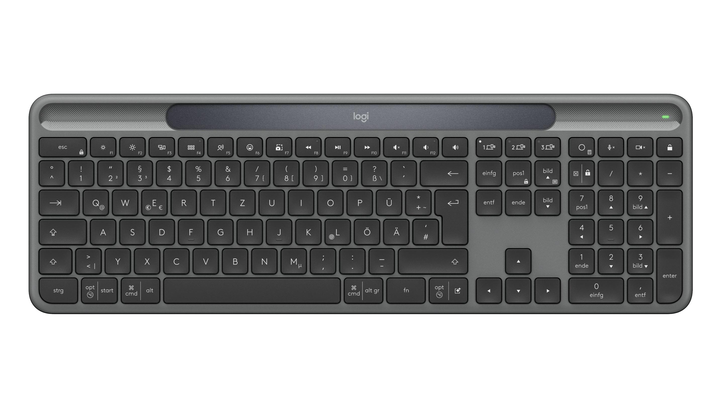 Teclado LOGITECH Signature Slim Solar+ K980 (Alemão - RF Wireless + Bluetooth - Sem fios - Grafite)
