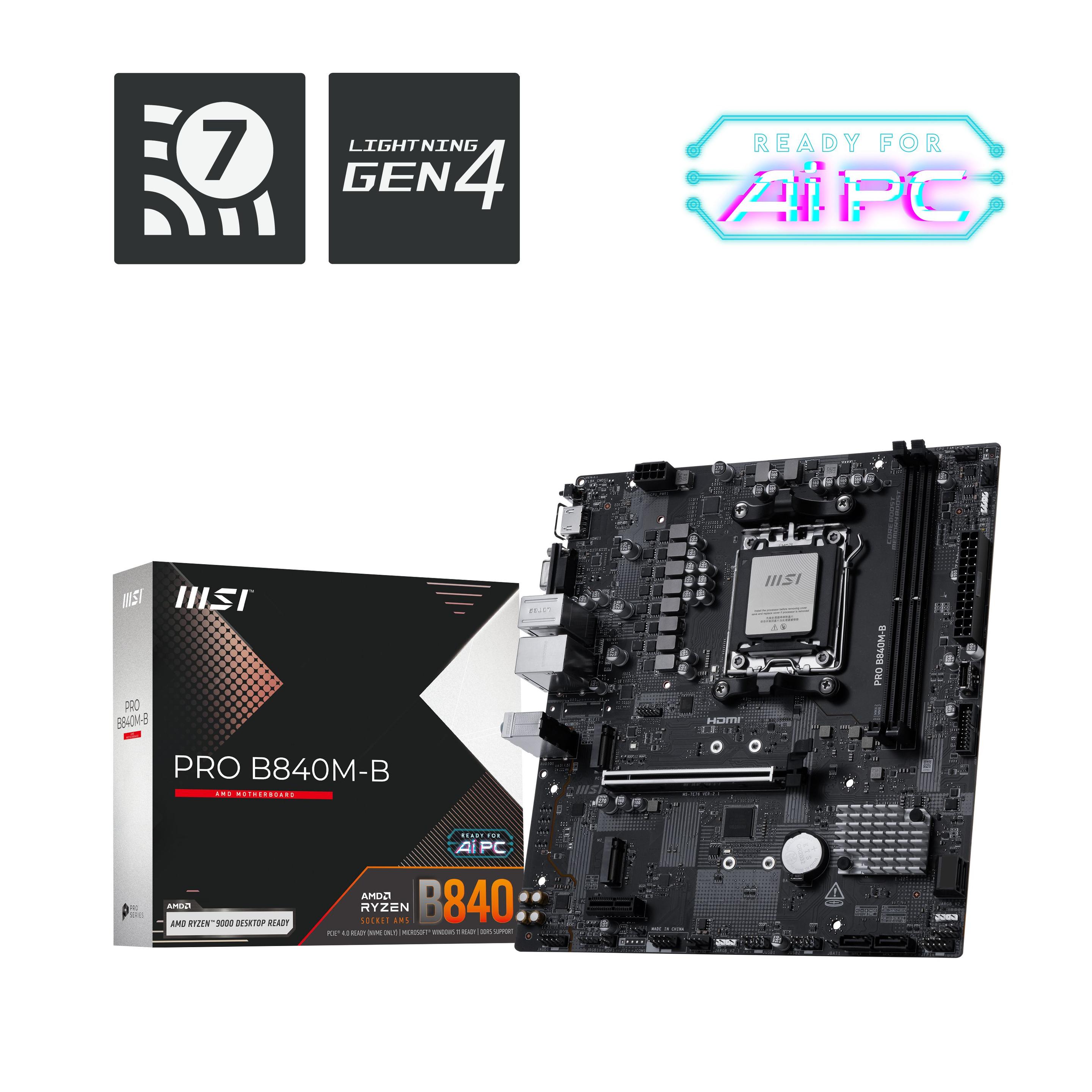 Motherboard MSI PRO B840M-B (AM5 - micro ATX - DDR5-SDRAM - Preto)