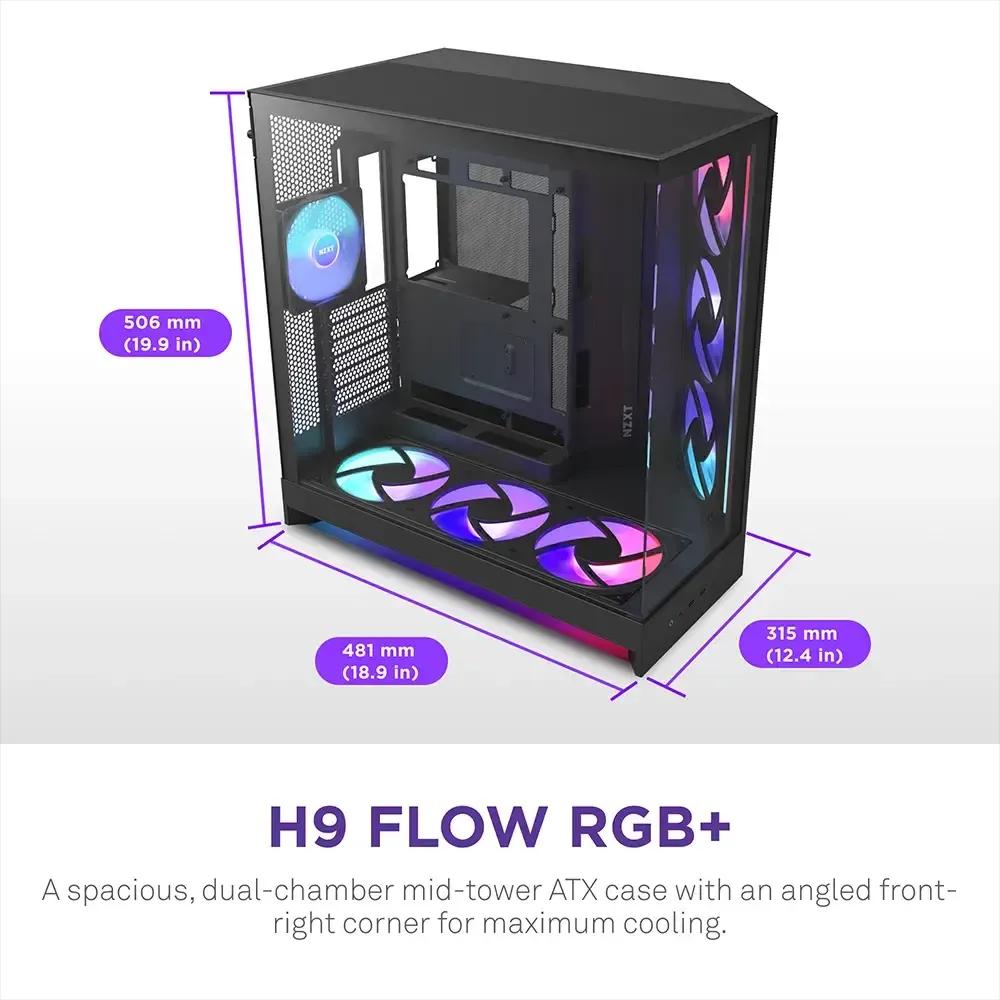 Caixa PC NZXT H9 Flow RGB+ (ATX, EATX, micro ATX, Mini-ITX - Mid Tower - SGCC, vidro temperado, rede - Preto) — miniatura 3