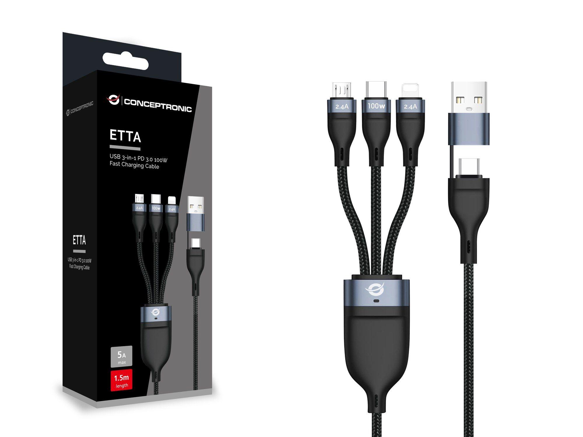 Cabo USB 3 em 1 CONCEPTRONIC ETTA06B15 (1,5 m - USB-C fêmea - Preto) — miniatura 2