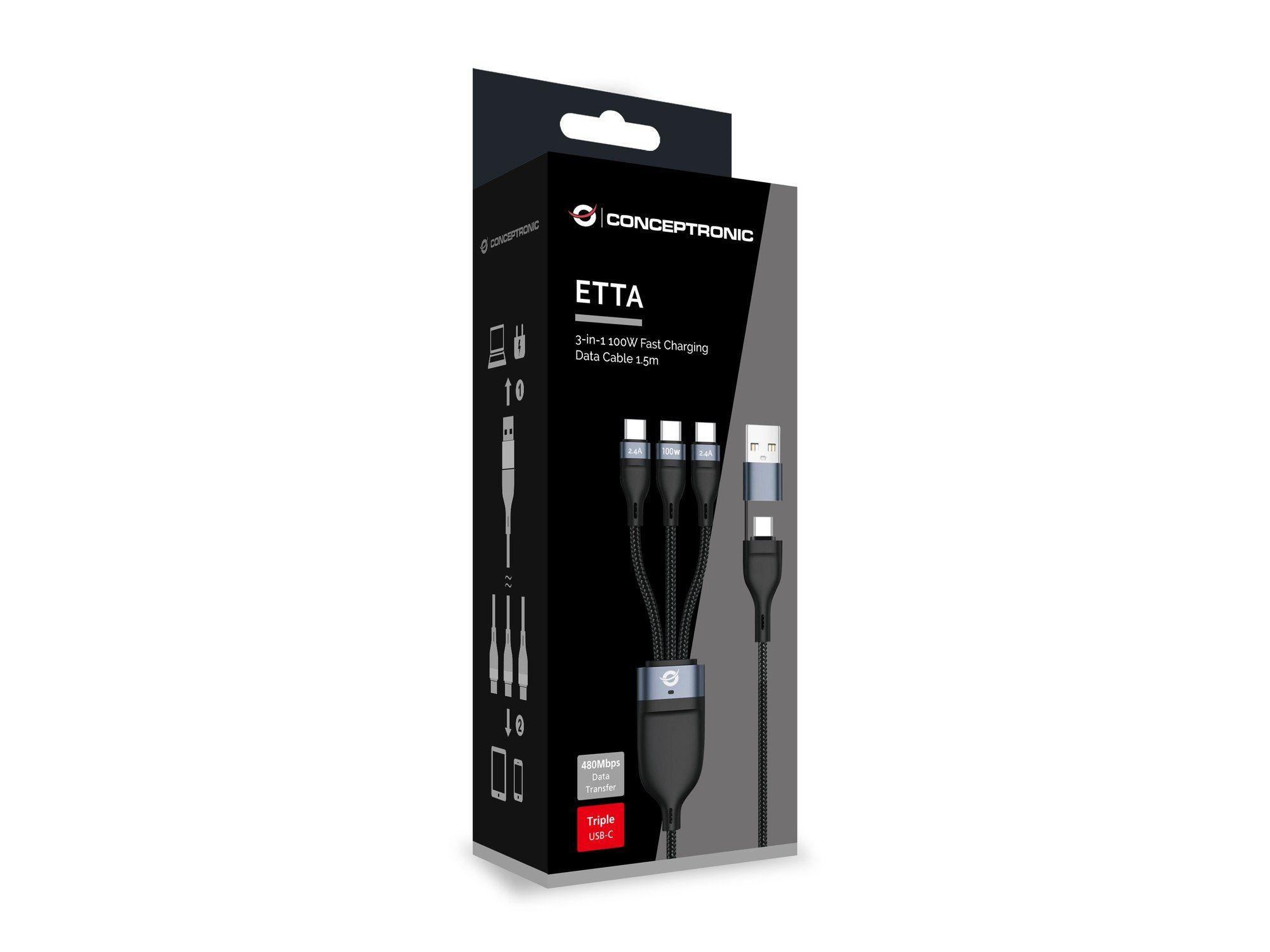 Cabo USB CONCEPTRONIC ETTA06B15C (1,5 m - 3 x USB C - USB A/USB C - Preto), miniatura 2