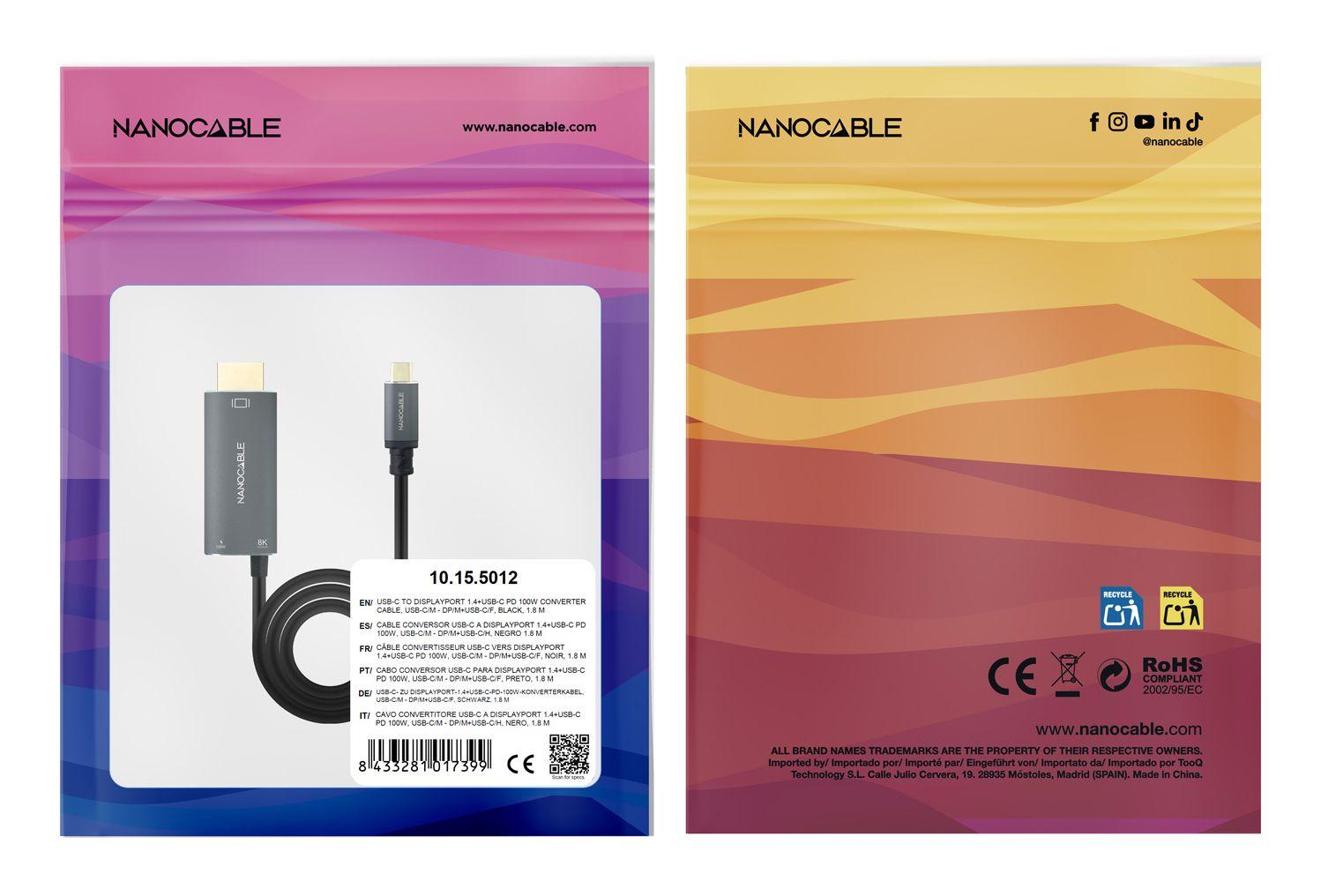 Cabo Conversor USB-C para DisplayPort NANOCABLE 10.15.5012 (1,8 m - DisplayPort + USB Type-C - USB Type-C - Preto) — miniatura 4