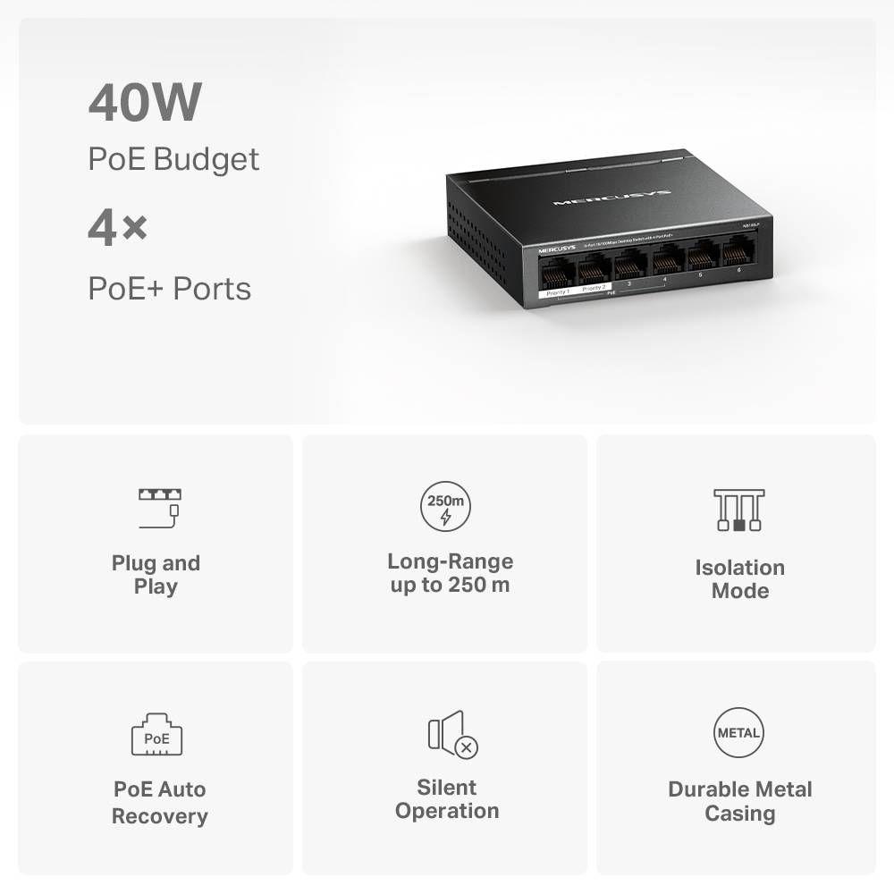 Switch de Rede MERCUSYS MS106LP (Fast Ethernet - 2000 bytes - 6 Portas - Preto), miniatura 2