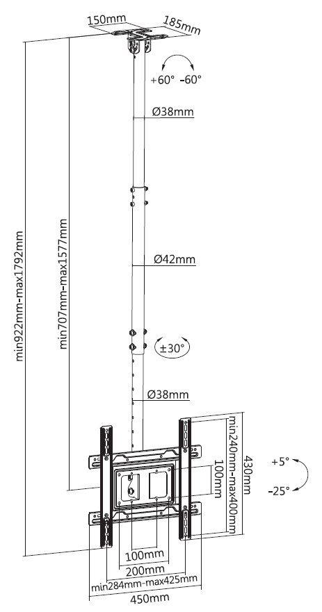 Suporte de Teto para TV EQUIP 650321 (32"-70" - 50 kg - Inclinável e Giratório - Preto), miniatura 7
