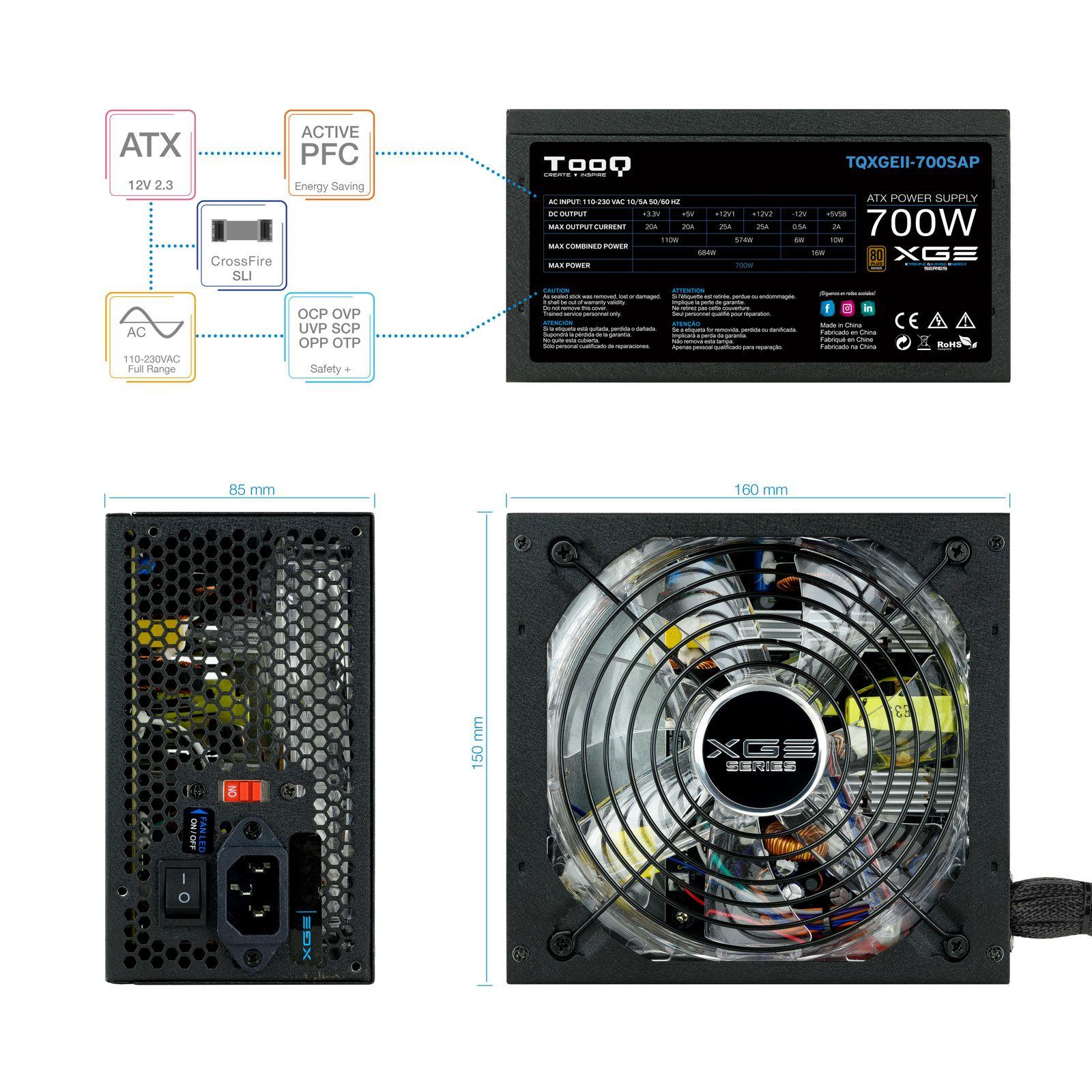 Fonte de Alimentação para Jogos TOOQ TQXGEII-700SAP (ATX - 700 W - 80 PLUS Bronze - Preto) — miniatura 4