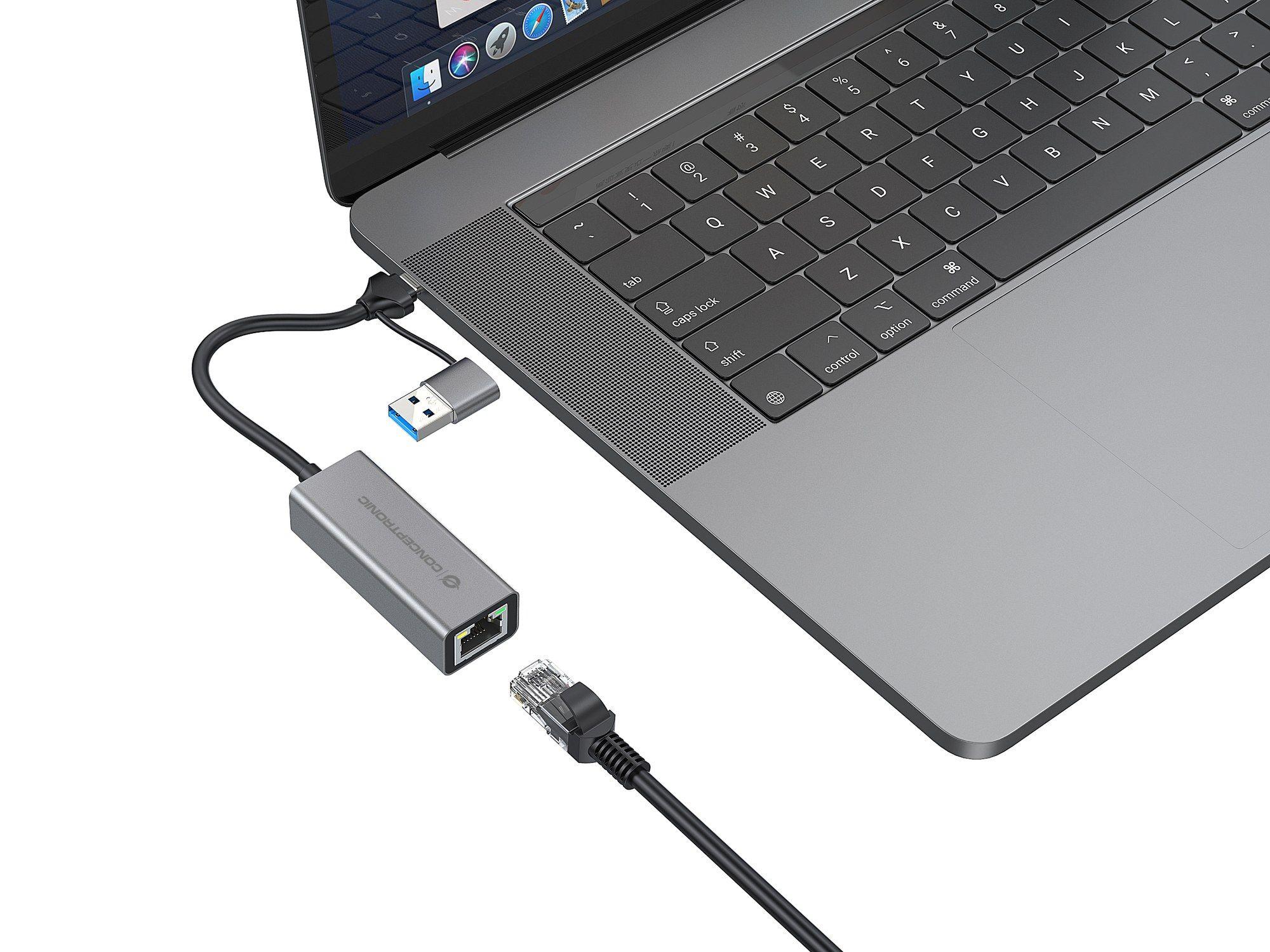 Adaptador de Rede USB CONCEPTRONIC ABBY08G (1 x RJ-45 - USB Type-A/USB Type-C - Cinzento), miniatura 3