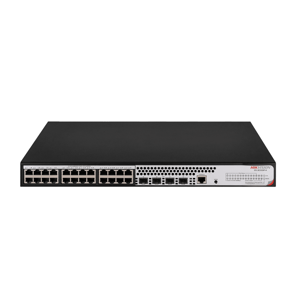 Switch de Rede Gerível L3 HIKVISION DS-3E2528P-H (24 Portas Gigabit PoE+ - 4 Uplinks SFP - 370W)