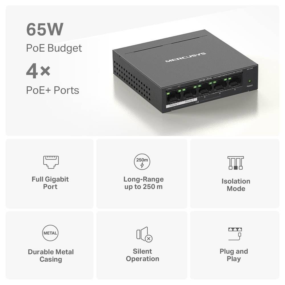 Switch de Rede MERCUSYS MS105GP (5x RJ45 - Gigabit Ethernet - 10 Gbit/s - Preto) — miniatura 3