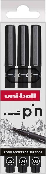 Conjunto de 3 Marcadores Calibrados UNIBALL Uni Pin (Plástico - Preto)