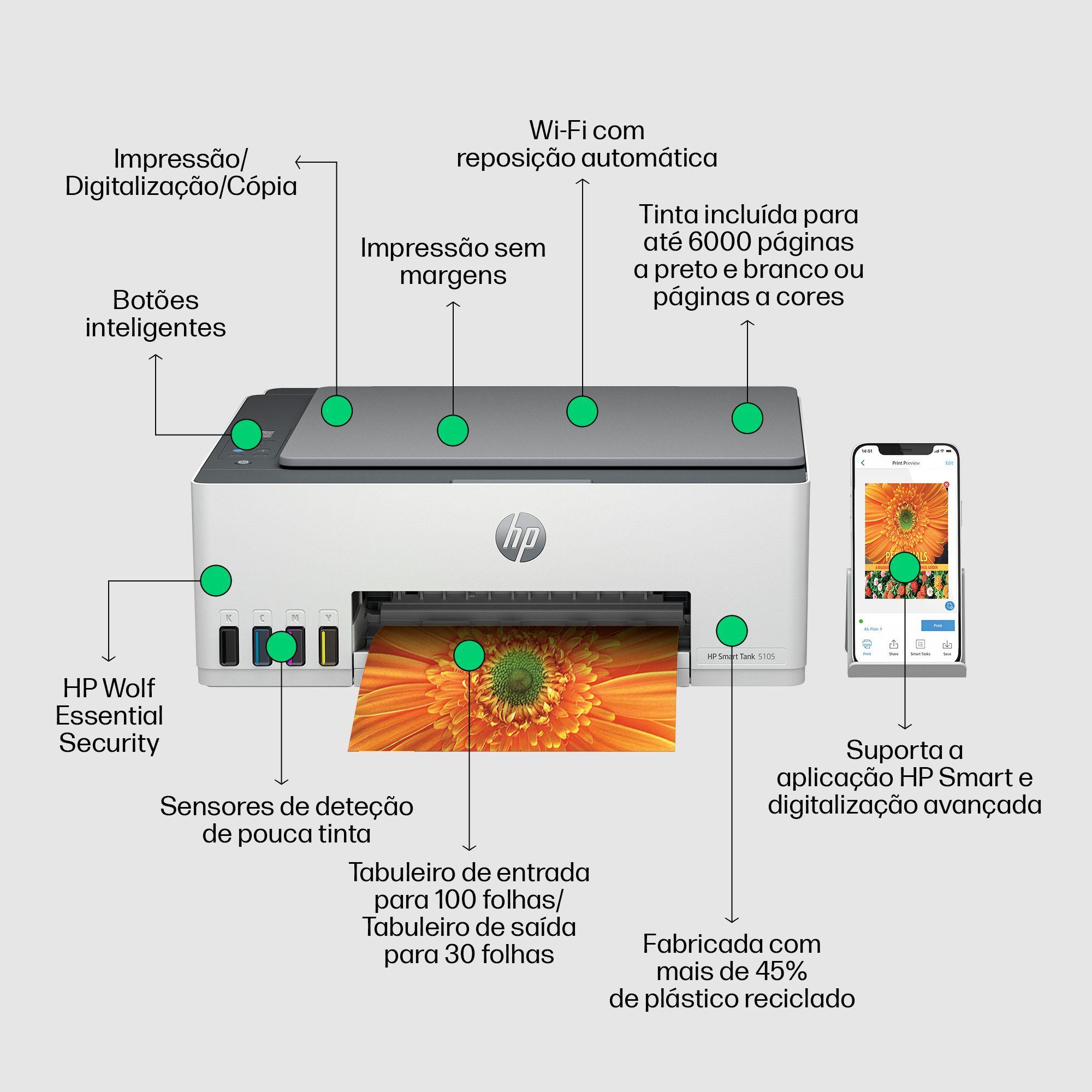 Impressora Multifunções HP Smart Tank 5105 (A4 - Impressão a cores - 100 folhas - Cinzento) — miniatura 4
