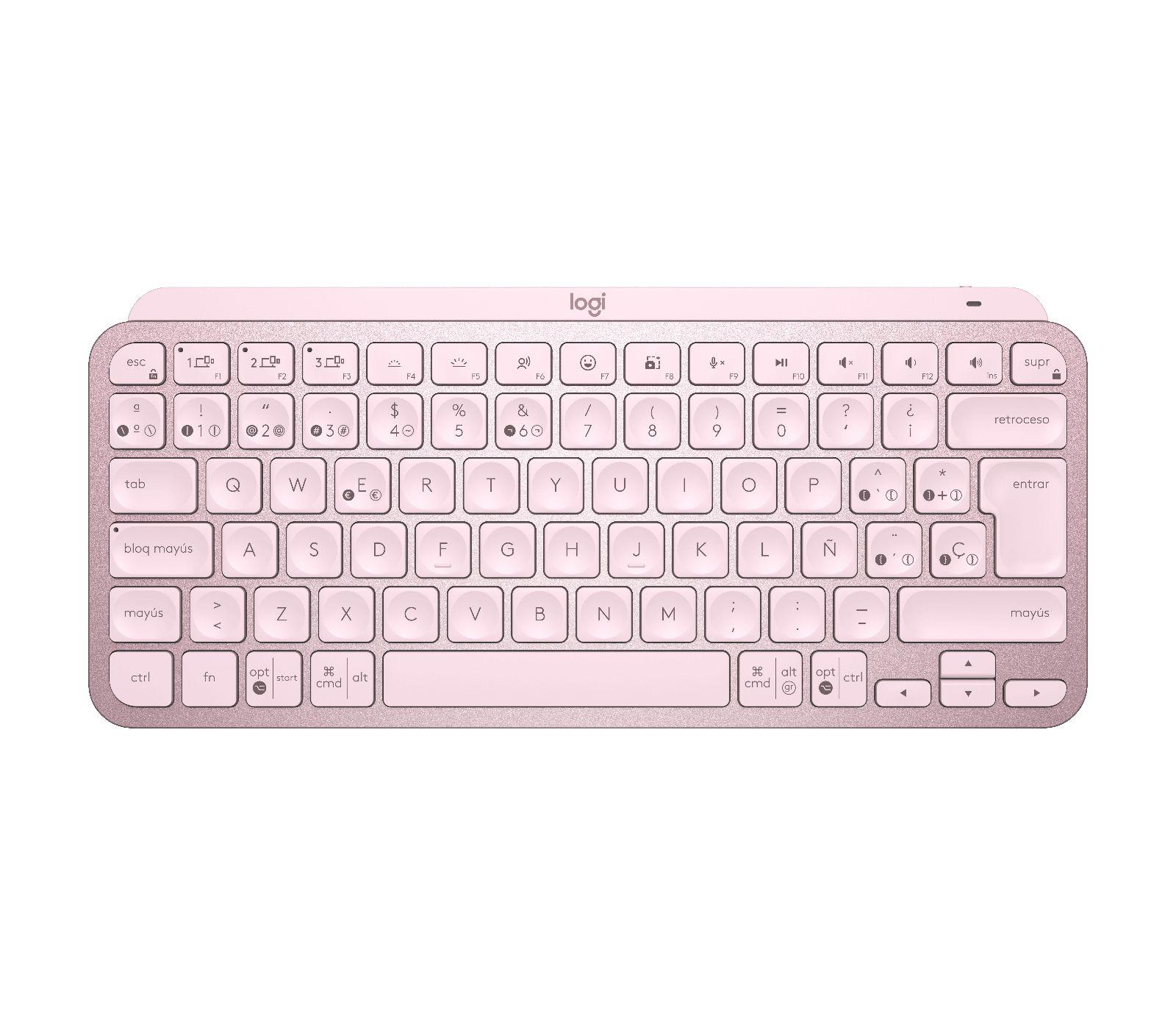 Teclado LOGITECH MX Keys Mini (Espanhol - RF Wireless + Bluetooth - Sem fios - Rosa)