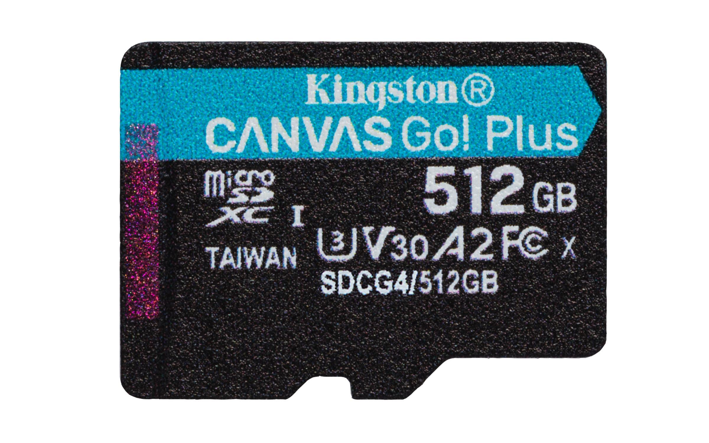 Cartão de Memória KINGSTON Canvas Go! Plus (512GB - Classe 10 - 200 MB/s - Preto e Turquesa)