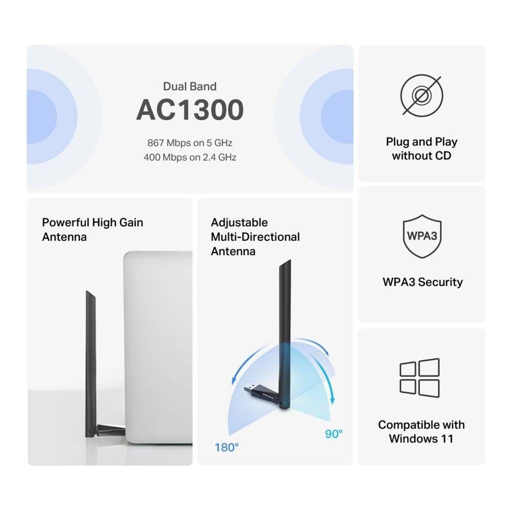 Adaptador USB Wi-Fi MERCUSYS MA30H (Wi-Fi 5 - 400 Mbit/s, 867 Mbit/s - Banda dupla - Preto), miniatura 3
