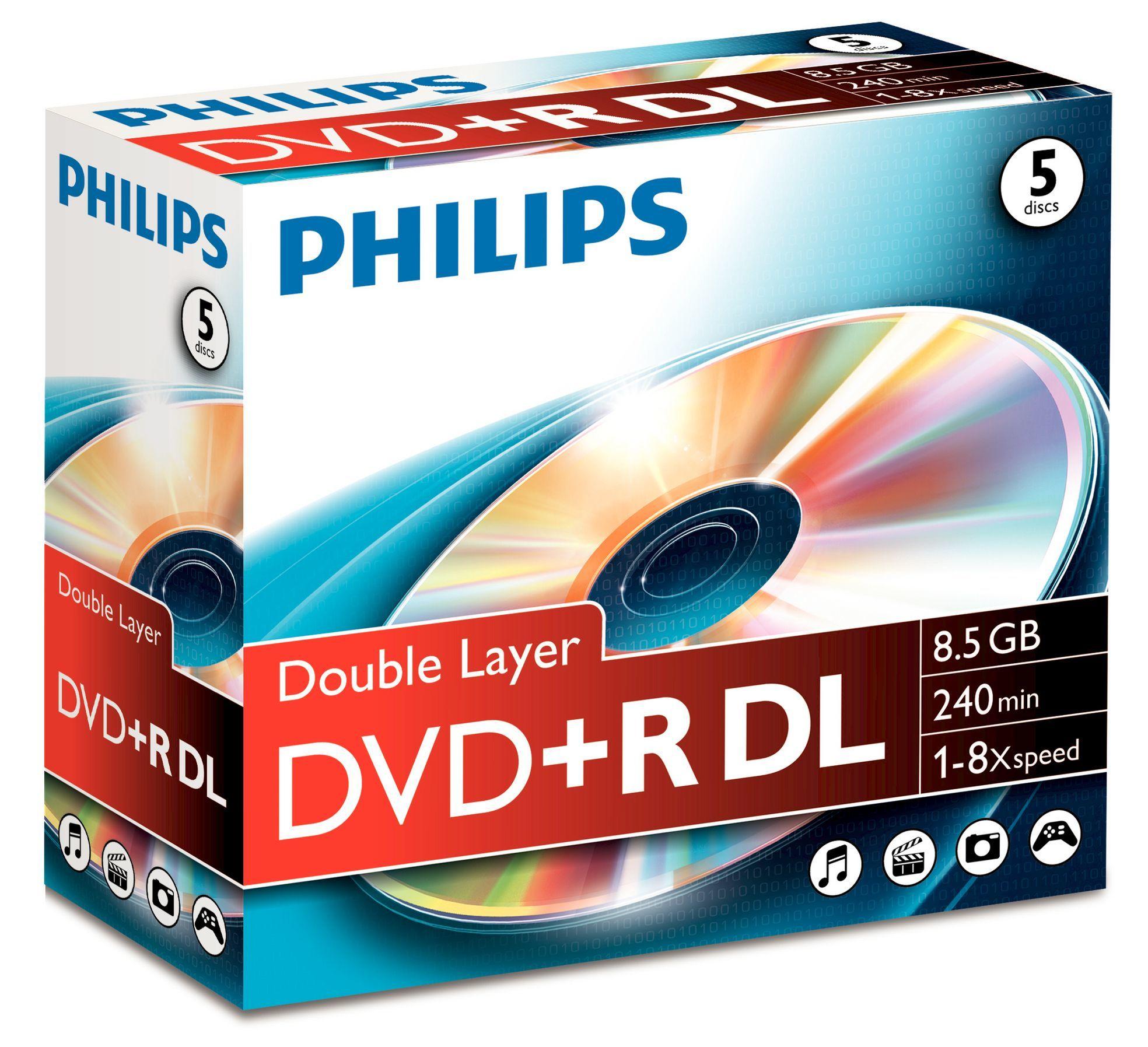 Disco DVD+R Dual Layer PHILIPS DR8S8J05C/00 (8,5GB - 8x - Pack de 5)