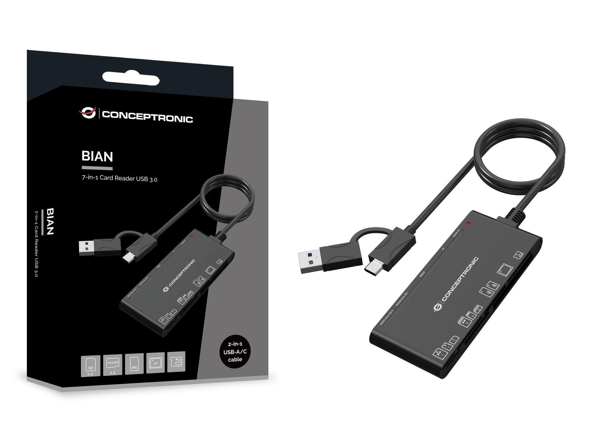 Leitor de Cartões Externo CONCEPTRONIC BIAN10B (USB 3.2 Gen 1, USB-A e USB-C - Preto), miniatura 3