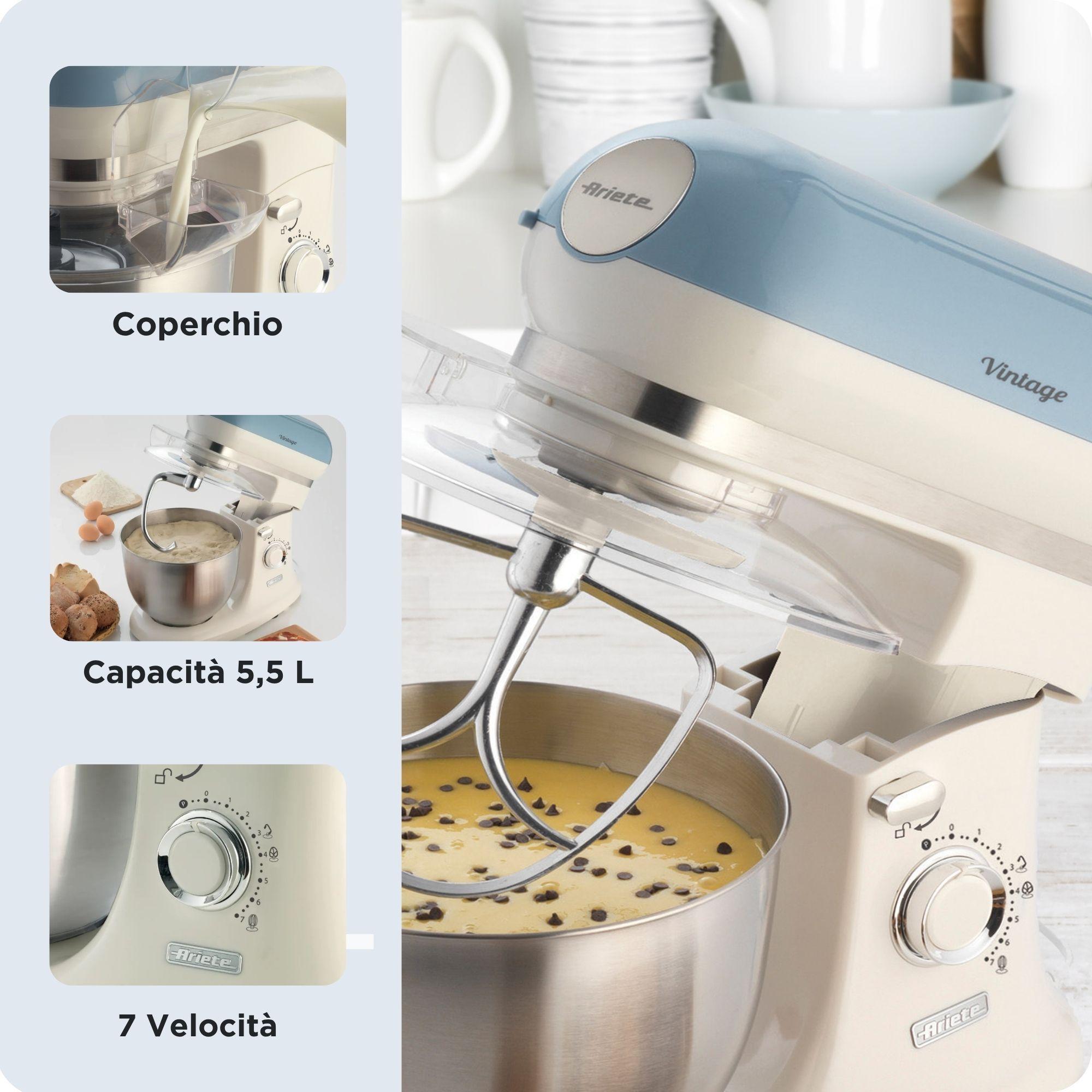 Batedeira Planetária ARIETE Vintage 1588/05 (1200 W - 5,5 l - Altura 38,5 cm - Azul Claro/Branco), miniatura 3