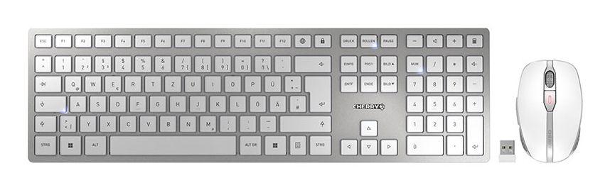 Conjunto Teclado e Rato CHERRY DW 9100 SLIM (Alemão - Cherry SX - RF Wireless + Bluetooth - Branco/Prateado)