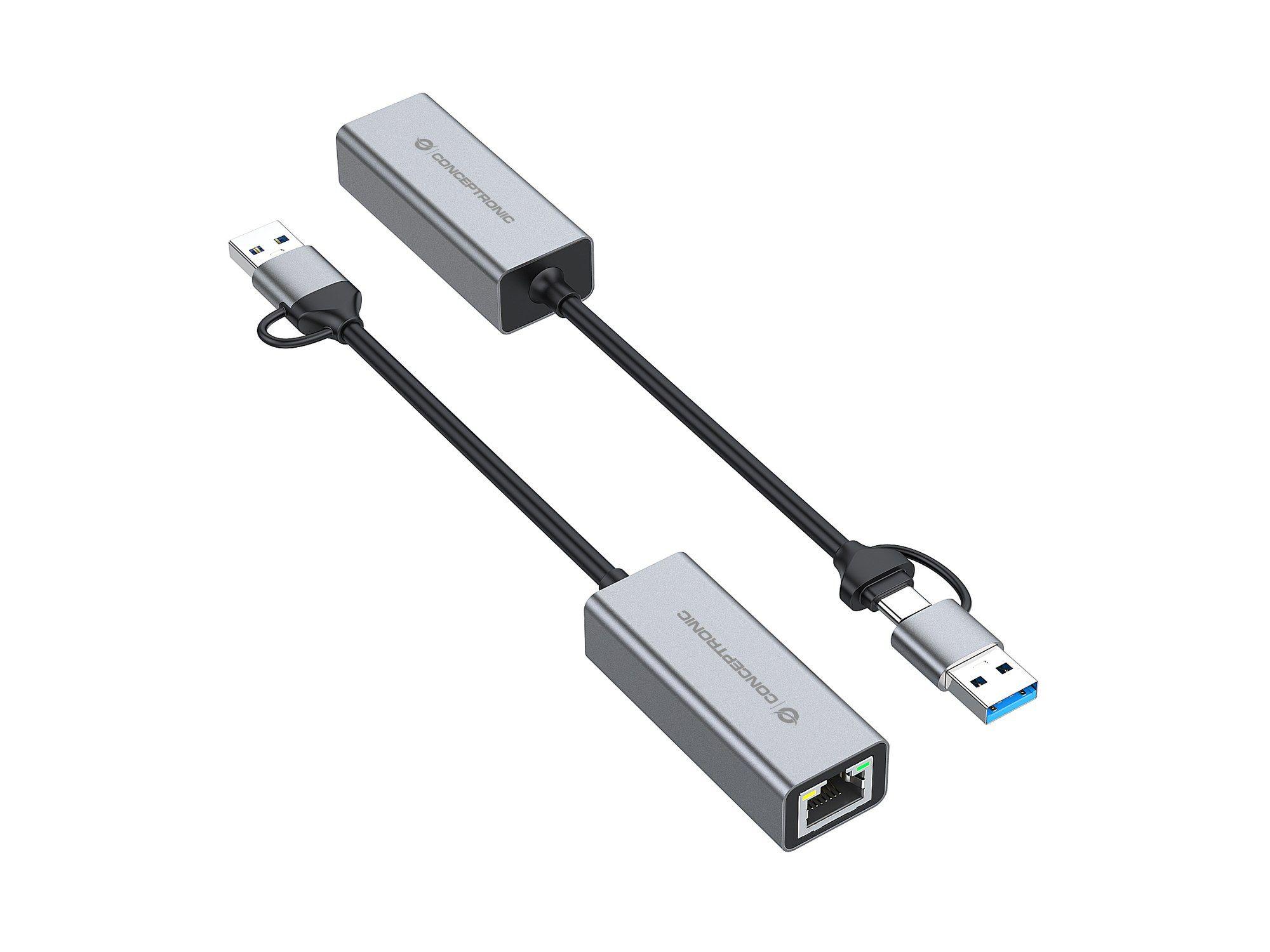 Adaptador de Rede USB CONCEPTRONIC ABBY08G (1 x RJ-45 - USB Type-A/USB Type-C - Cinzento), miniatura 2