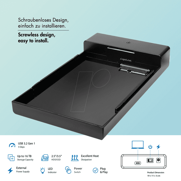 Caixa Externa SATA LOGILINK UA0460 (16 TB - 2,5/3,5 polegadas - USB-C 3.2 Gen 1 - Preto) — miniatura 4