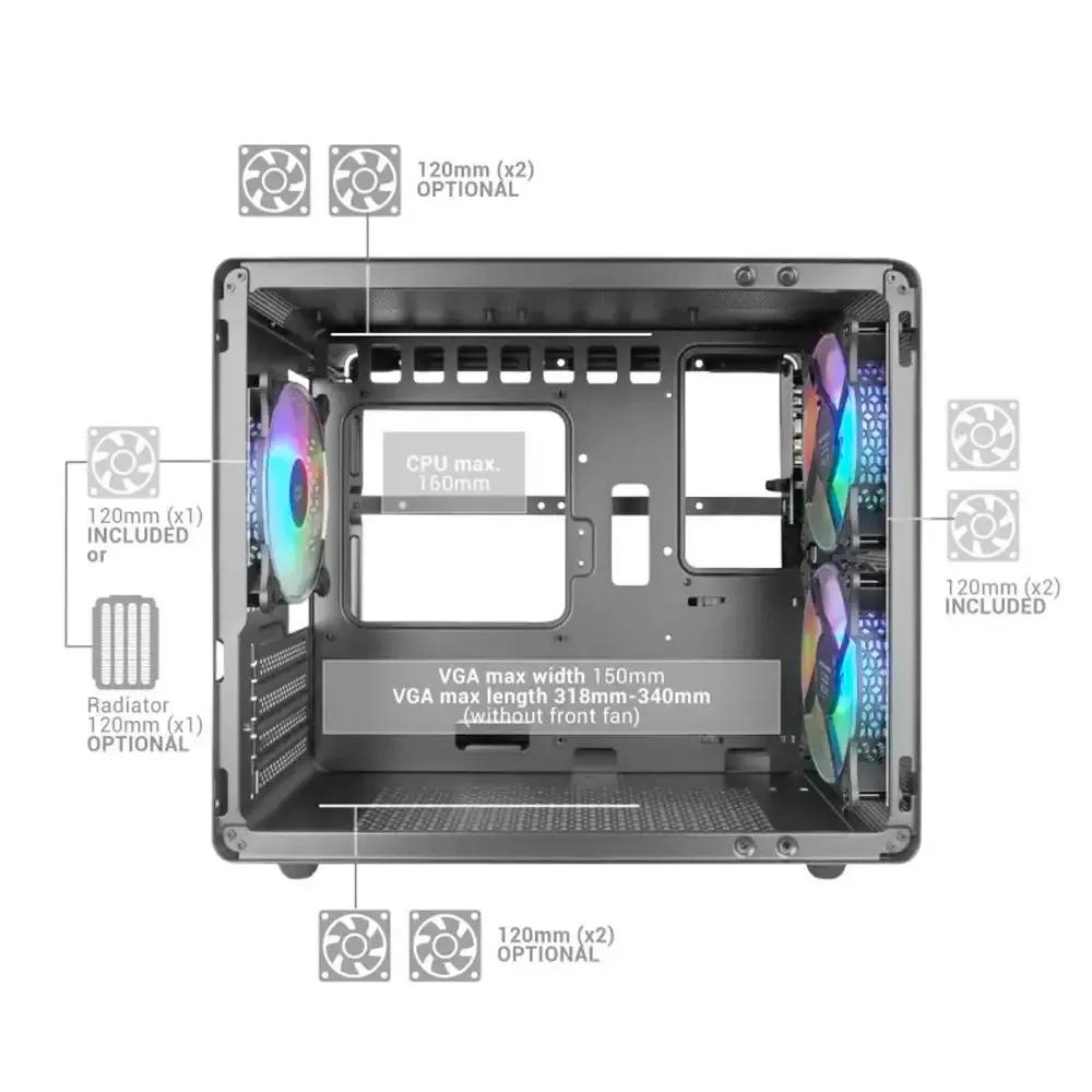 Caixa Micro-ATX MARS GAMING MC400 (Micro ATX, Mini-ITX - Mini Tower - Metal, malha, vidro temperado - Preto) — miniatura 5
