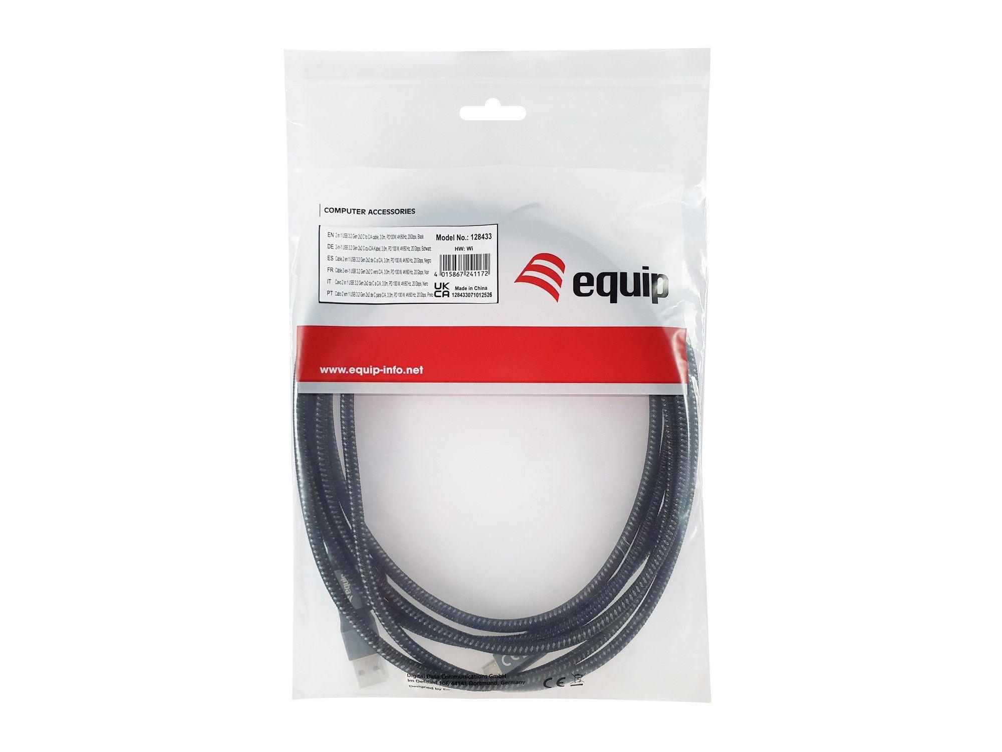 Cabo USB-C 2 em 1 EQUIP 128433 (3 m - USB C - USB A/USB C - Preto), miniatura 2