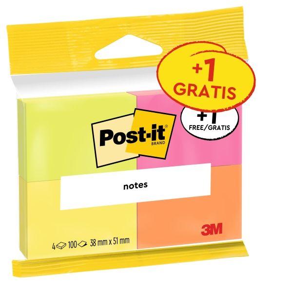 Pack de 4 Blocos de Notas Adesivas Reposicionáveis POST-IT 7100172321 (38 x 51 mm - Cores néon sortidas)