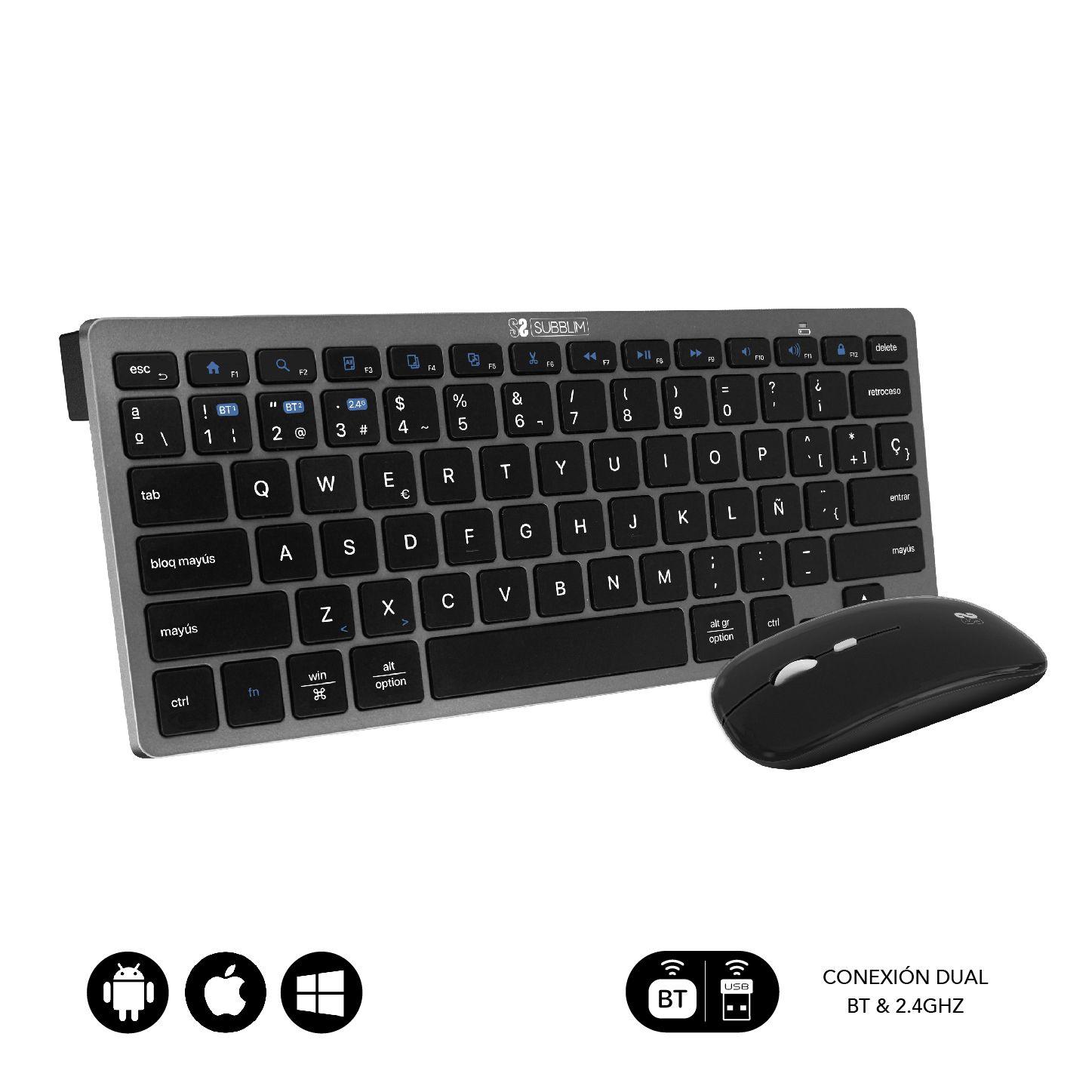 Conjunto de Teclado e Rato SUBBLIM OCO020 (RF Wireless + Bluetooth - RF sem fios + Bluetooth - Cinza/Preto)
