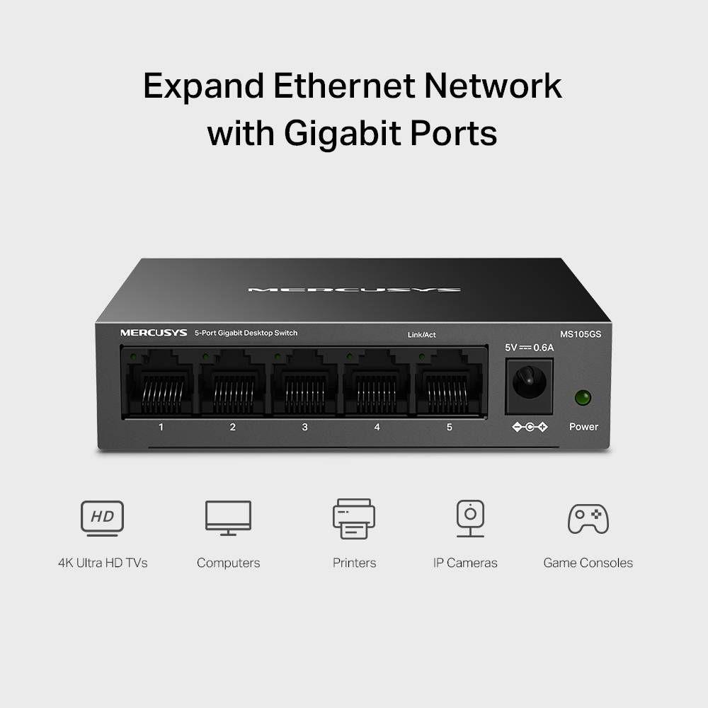 Switch MERCUSYS MS105GS (Gigabit Ethernet - 0,125 MB - 10 Gbit/s - Preto), miniatura 5