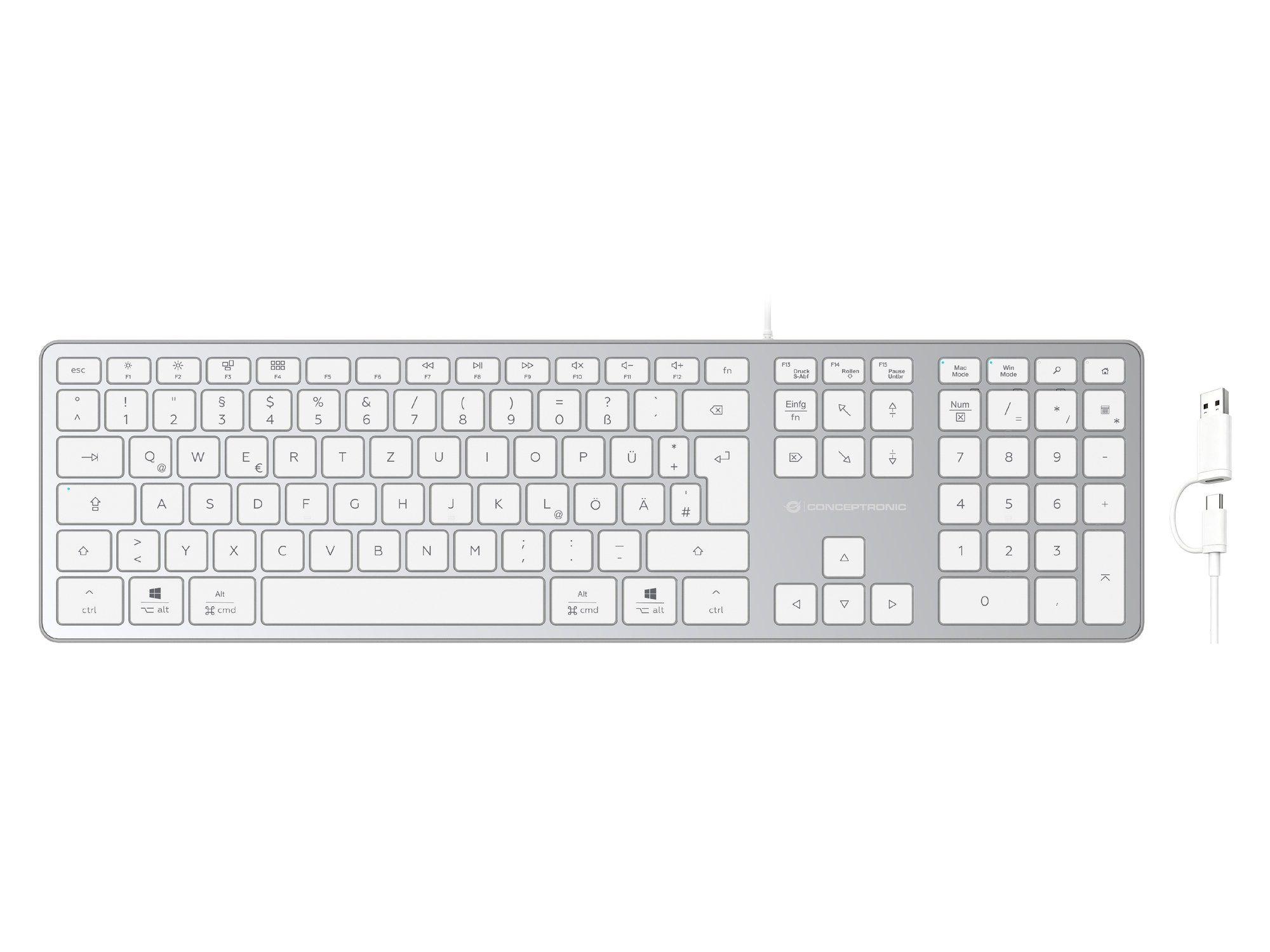 Teclado CONCEPTRONIC KAYNE02WDE (Alemão - Tamanho completo - USB - Branco)